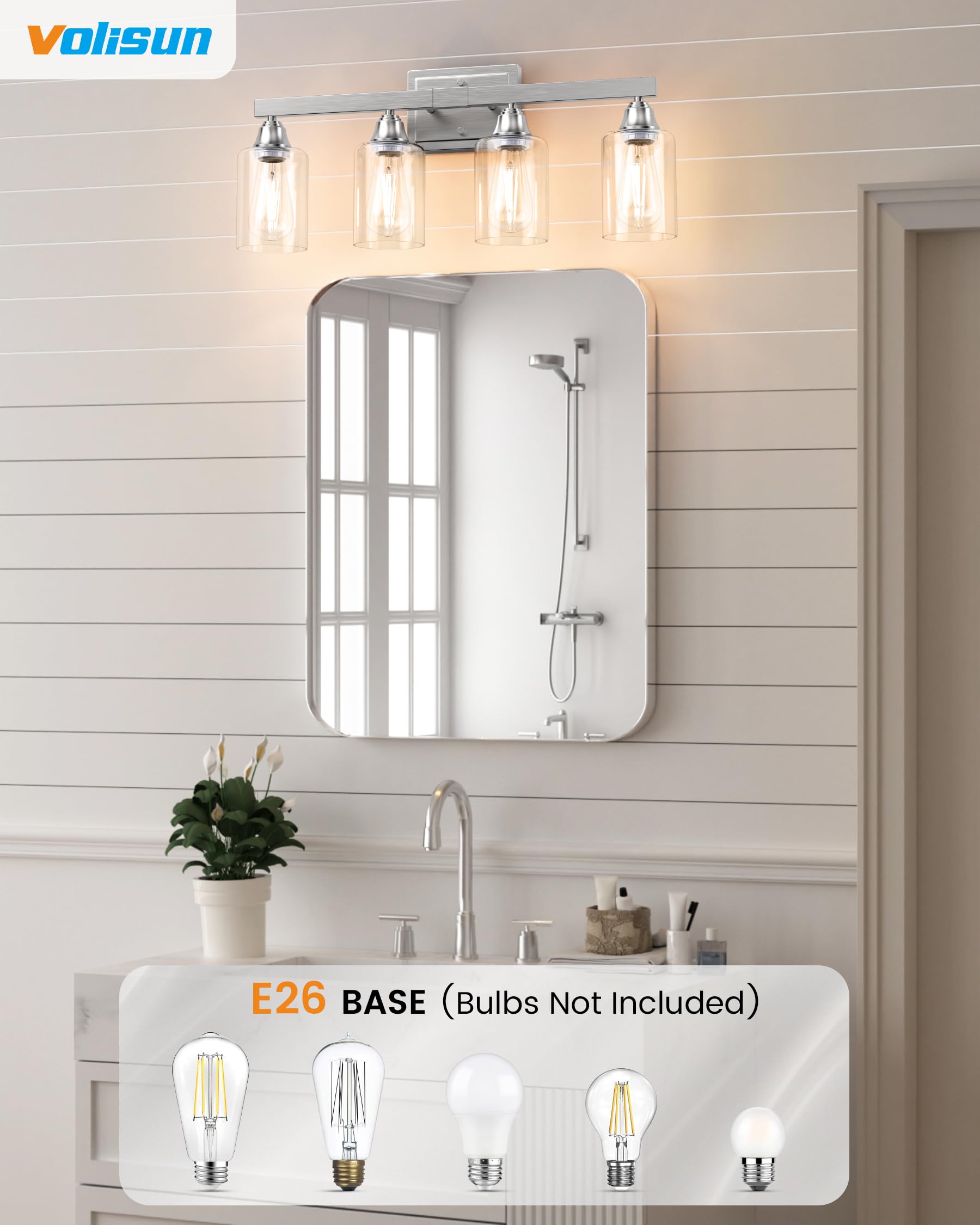 Volisun 4-Light Bathroom Light Fixtures, Brushed Nickel Bathroom Vanity Light Over Mirror, Modern Vanity Light For Bathroom, Bat
