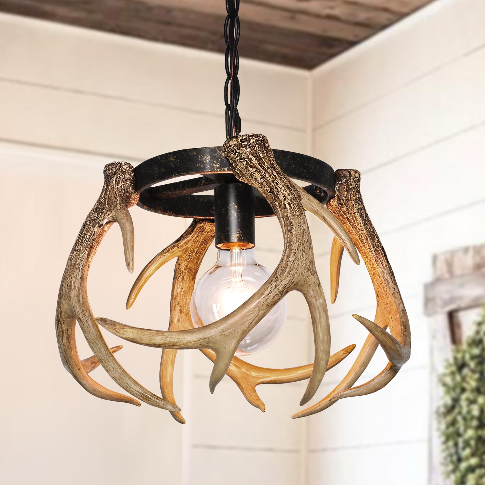 Debemenes Rustic Antler Chandelier, Adjustable Height Farmhouse Chandeliers with Resin 4 Antlers and Retro Metal Wagon Wheel Cha