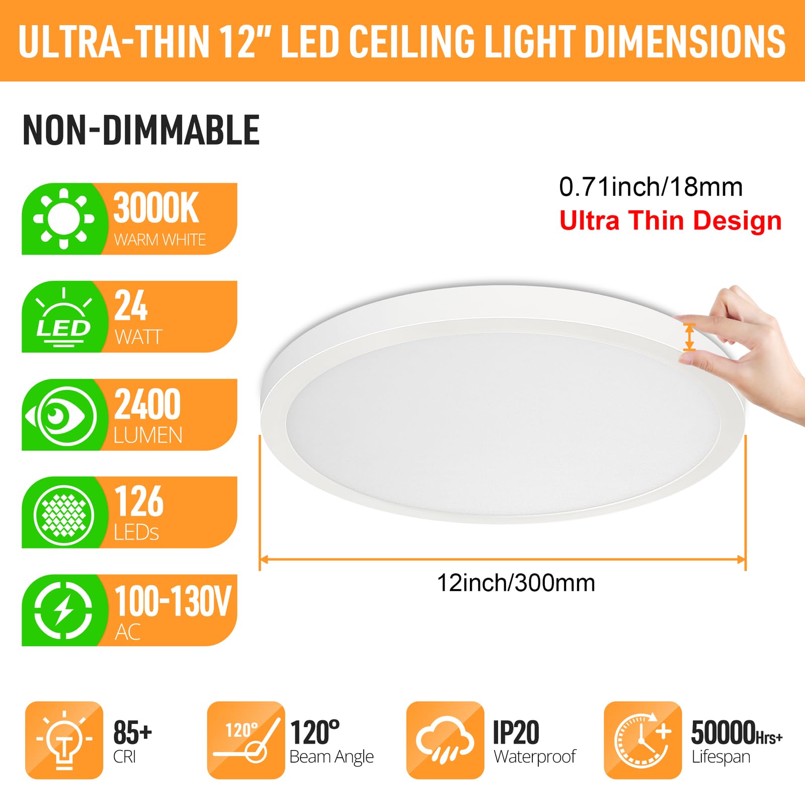 Sunrider 2-Pack Led Flush Mount Ceiling Light Fixture, 3000K Warm White, 2400Lm, 12 Inch 24W 240W Equiv. Round Flat Ceiling Ligh