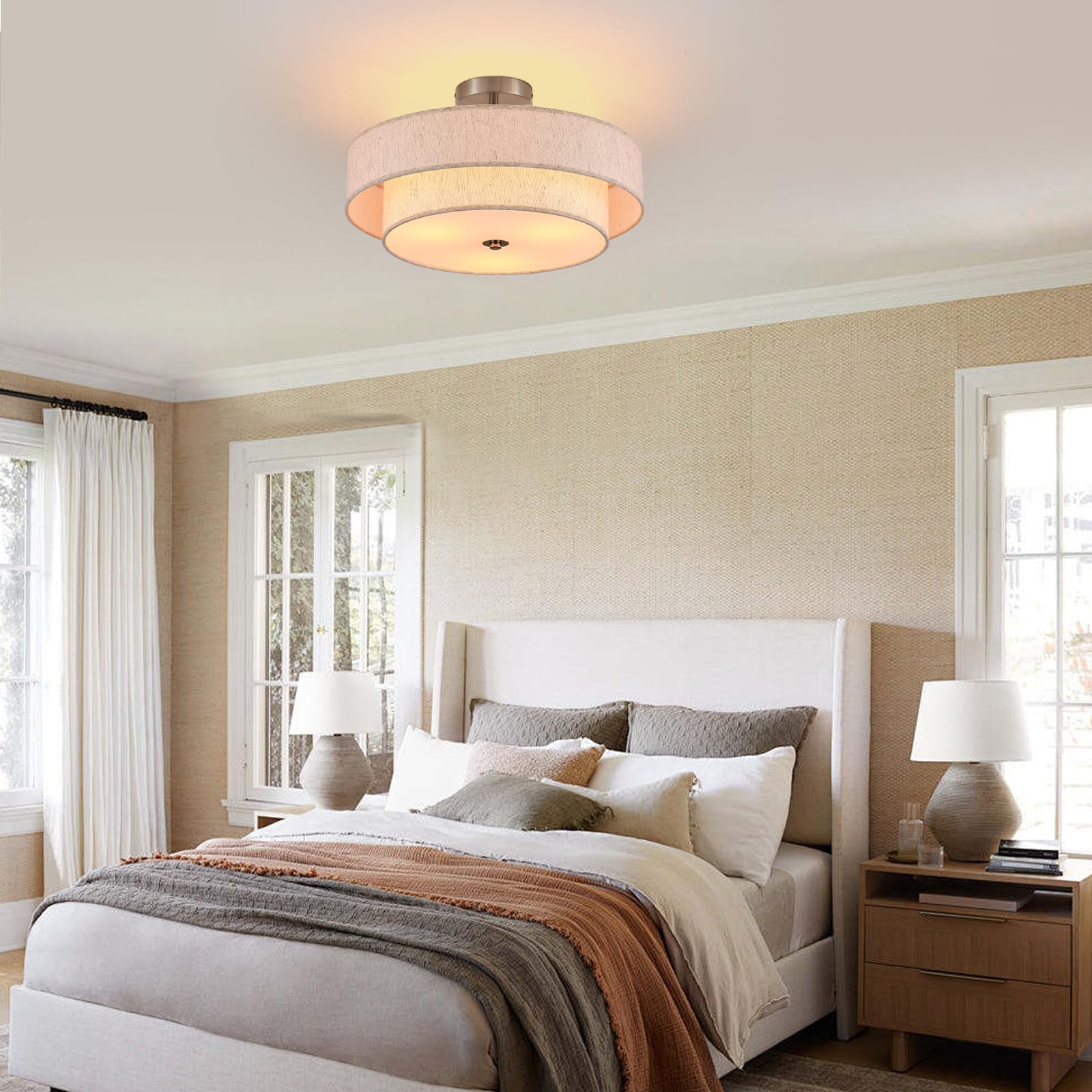 Widluth 18 Semi Flush Mount Ceiling Light 3-Light Modern Linen Drum Ceiling Lighting With Chrome Finish  Vintage Ceiling Light For Living Room  Kitchen  Basement  Laundry Room  Bedroom