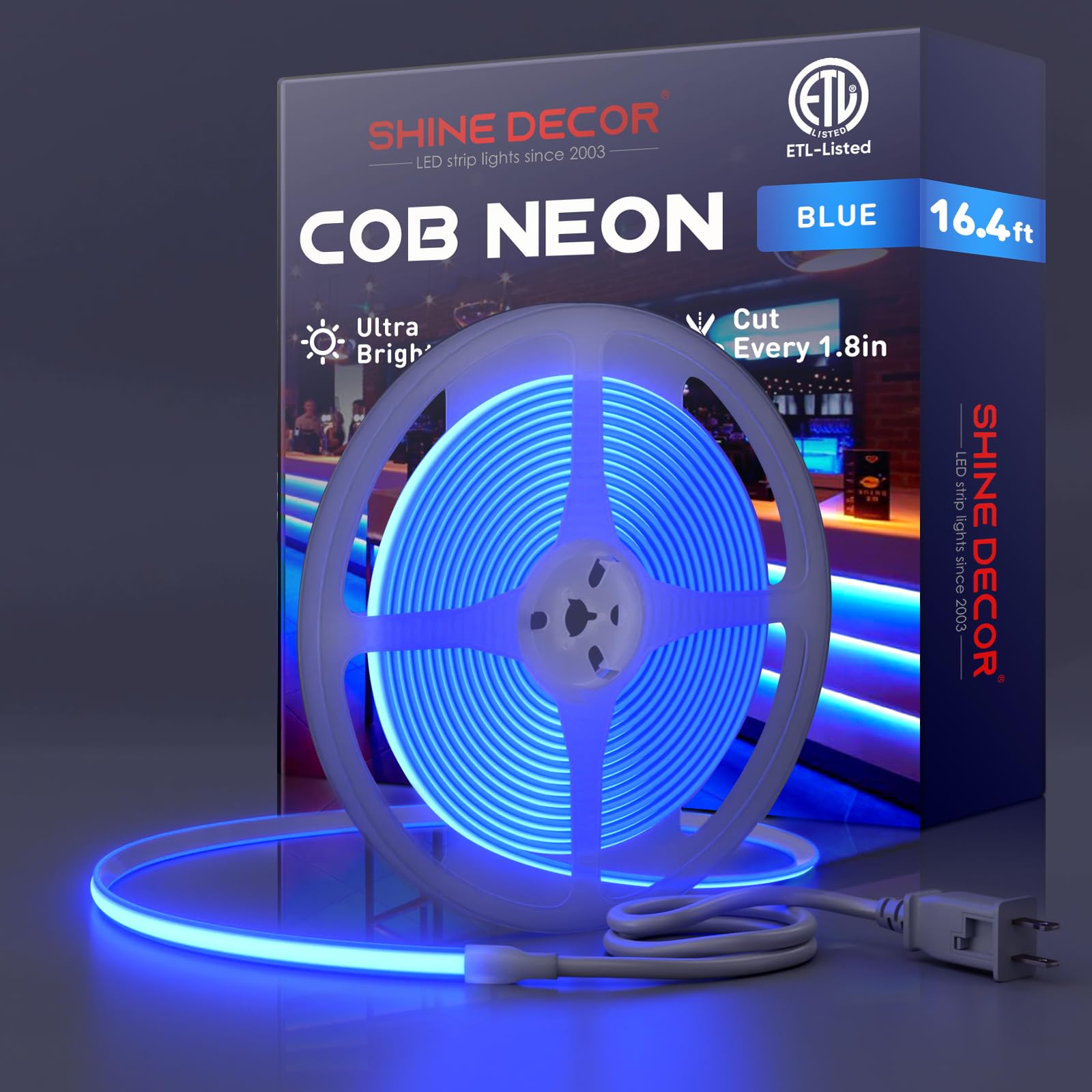 Shine Decor Cob Led Rope Light Ac 120V  800Lm Ultra Bright  Ip65 Waterproof Cold-Resistant Etl Neon Strip  No Driver Tape Lighting For Home Commercial 10X4.5Mm  Blue  16.4Ft