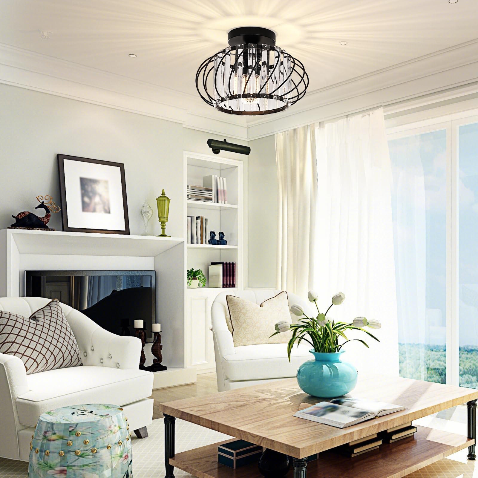 FRIDEKO HOME Semi Flush Mount Ceiling Light - 11-Inch Black Metal Crystal Chandelier for Bedroom Porch Kitchen Entryway, Model L01180-145-28CM-US