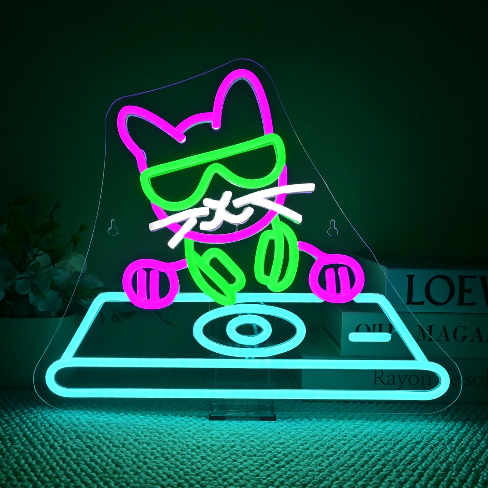 Wanxing DJ Cat Neon Sign, USB Powered, Dimmable, 14.9inx12.6in, Colorful for Home, Party, Office, Bedroom, Bar, Music Studio