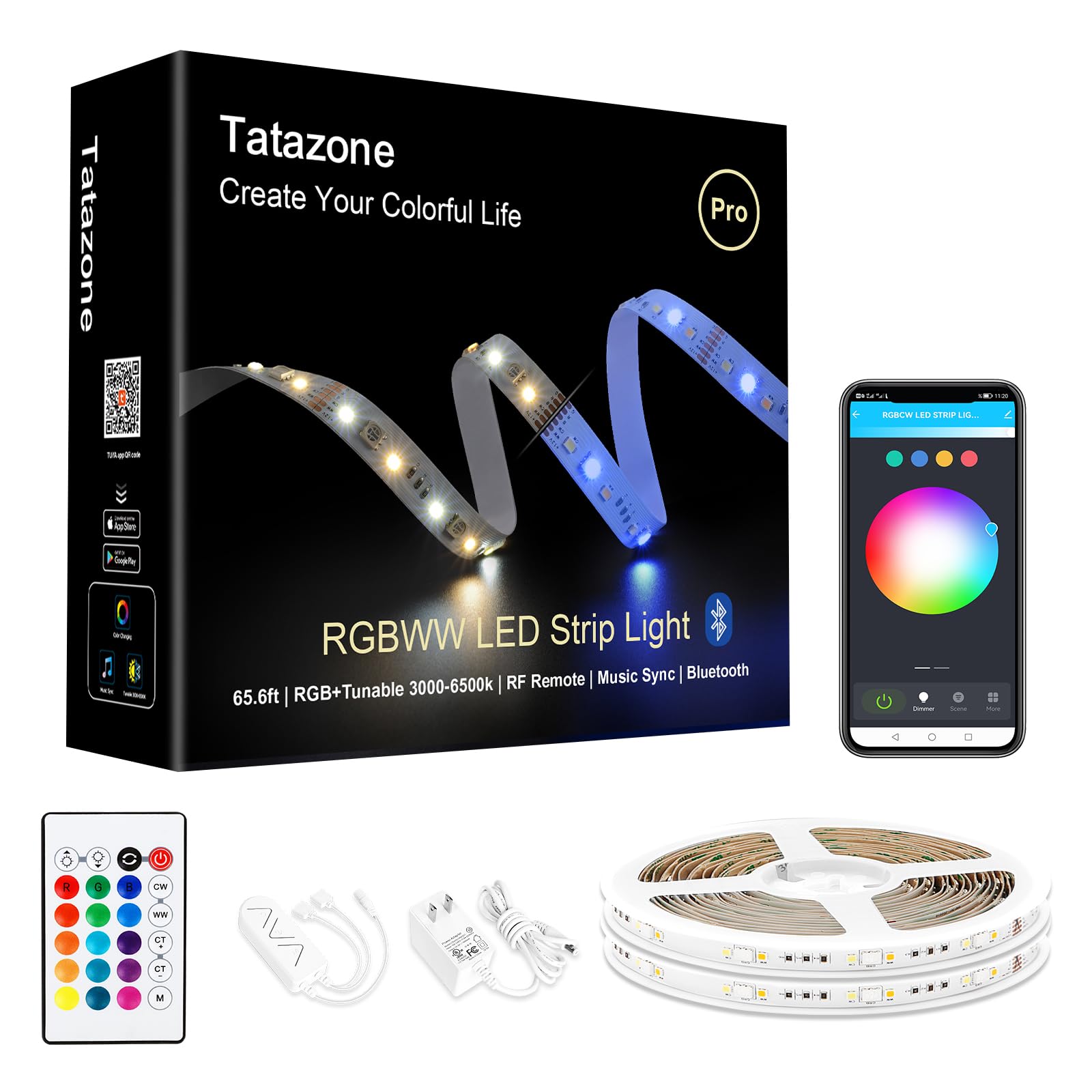 Tatazone RGBWW Bluetooth LED Strip Lights, 65.6ft Tunable White 3000K to 6500K+RGB Led Light Strips, Music Sync Color Changing I