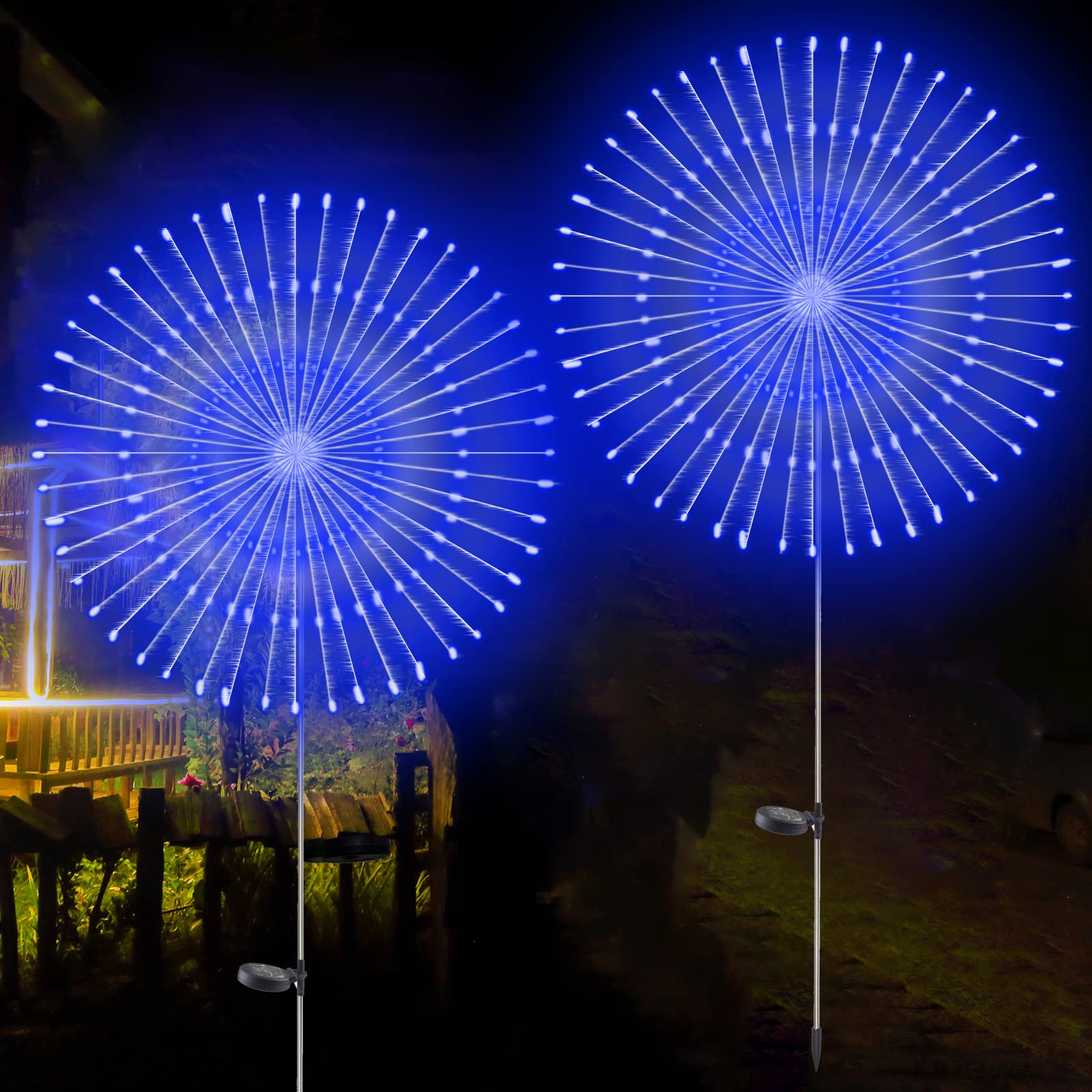 YOTOZU Solar Firework Light, 120 LED Copper Wire String, 2 Pack, Blue, Outdoor Garden Decorative Lights for Pathway and Parties