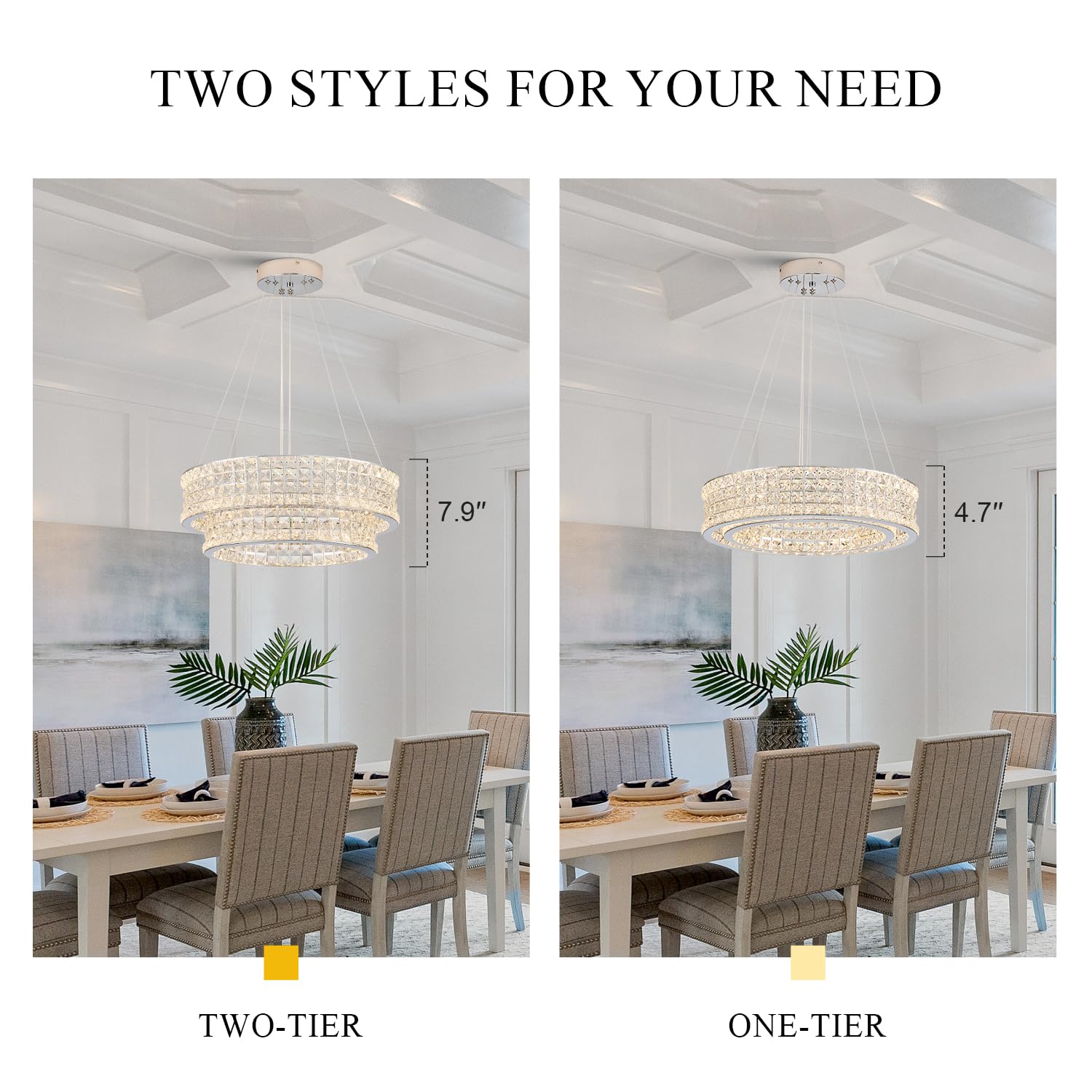 Poemoon LED Crystal Chandelier 2-Tier Dimmable Light Fixture 20in  Chrome Model 4003-500C for Dining Room Bedroom Kitchen