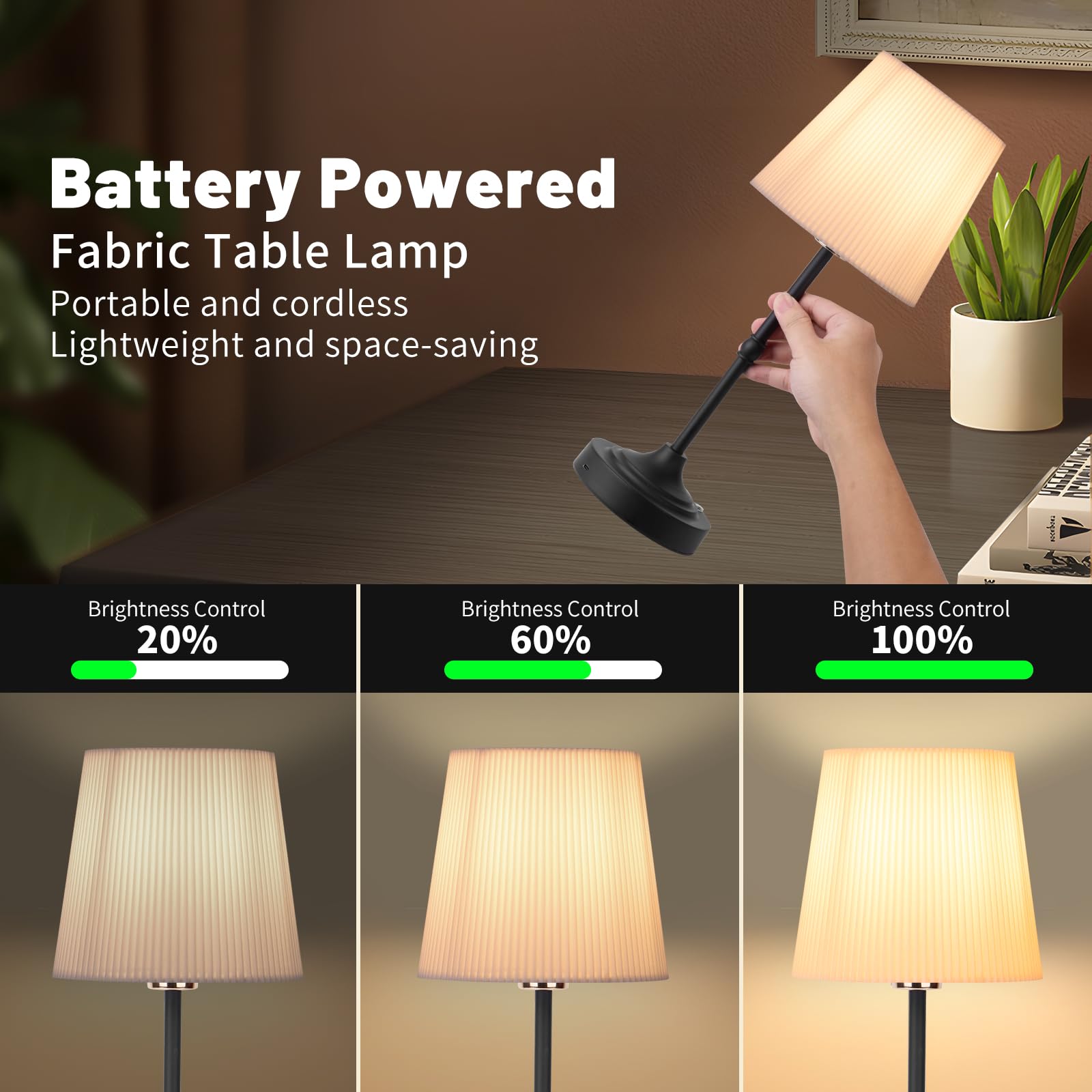 YYXGOOB Cordless LED Table Lamp, Fabric Shade, Dimmable, Rechargeable, Black-02, Model ZTBY