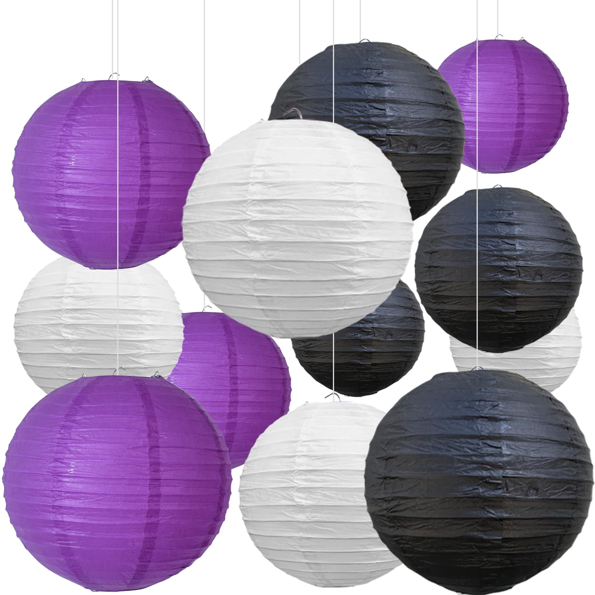 Beishida 12Pcs Purple Black White Paper Lanterns Decorative Chinese/Japanese Hanging Round Paper Lanterns Lamp For Halloween Birthday  Wedding  Christmas  Bridal Home Decor  Party Decoration