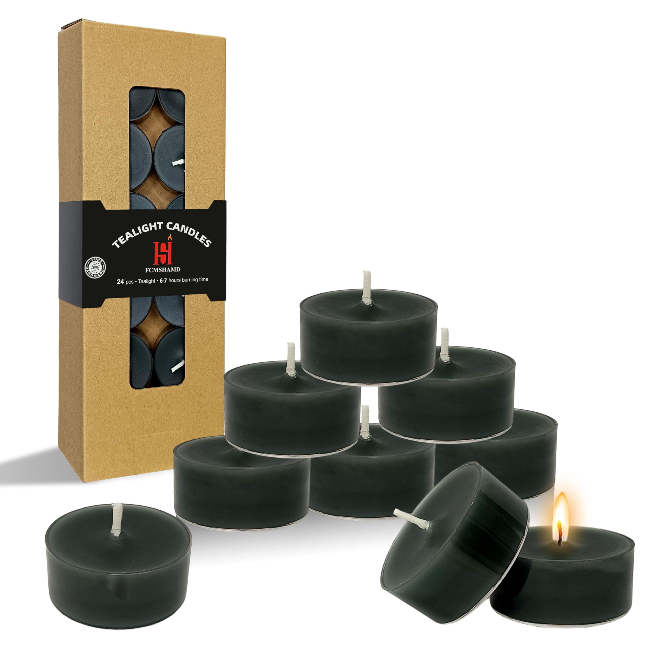 Smoked Sandalwood Scented Tealight Candles, Black Scent Tea Lights Candles Clear Cup, 24 Pack Colored Tealights Candle, 6 Hour B