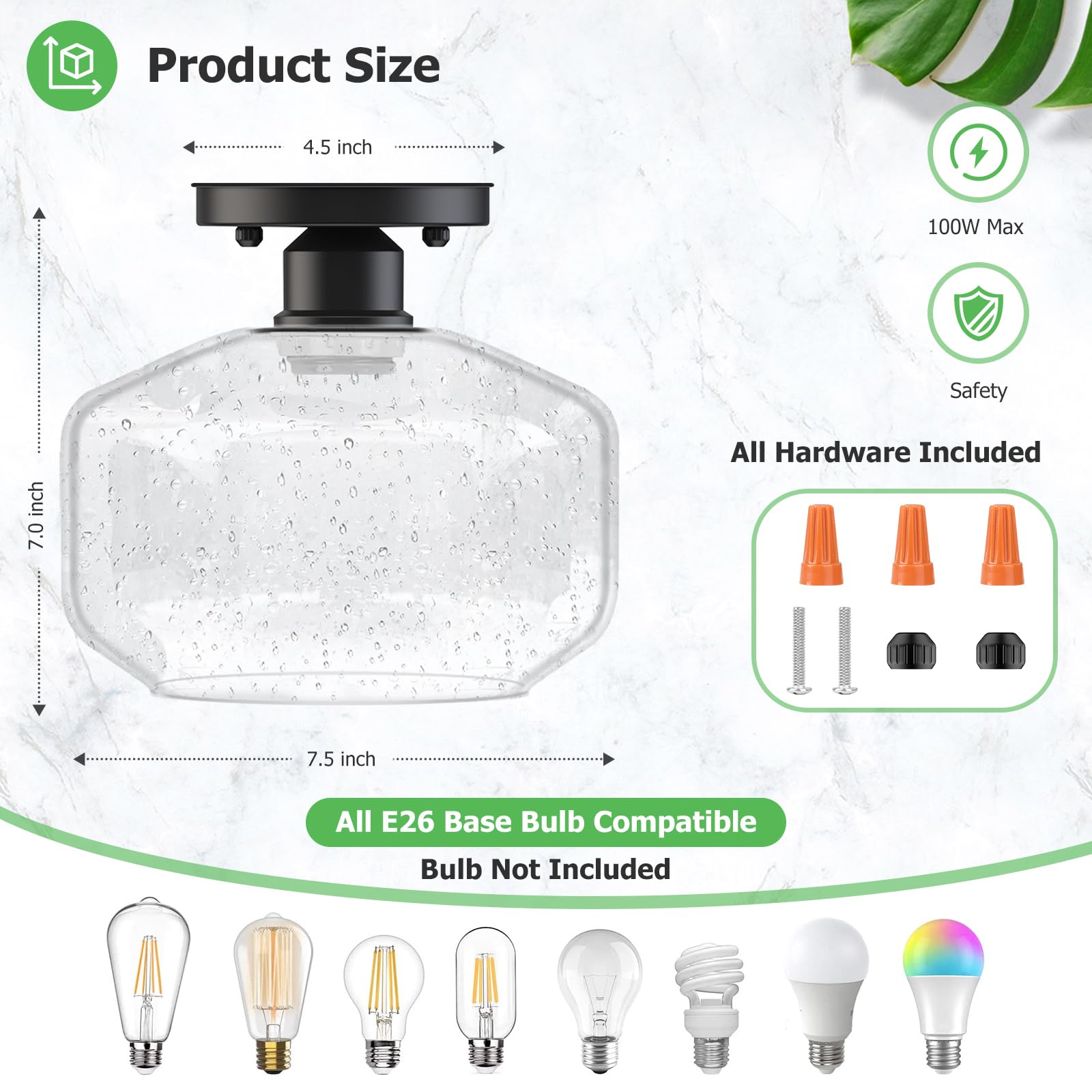 Tobusa 2-Pack Industrial Semi Flush Mount Ceiling Light, Black Light Fixture Ceiling Mount With Seeded Glass Shade, Farmhouse Ha