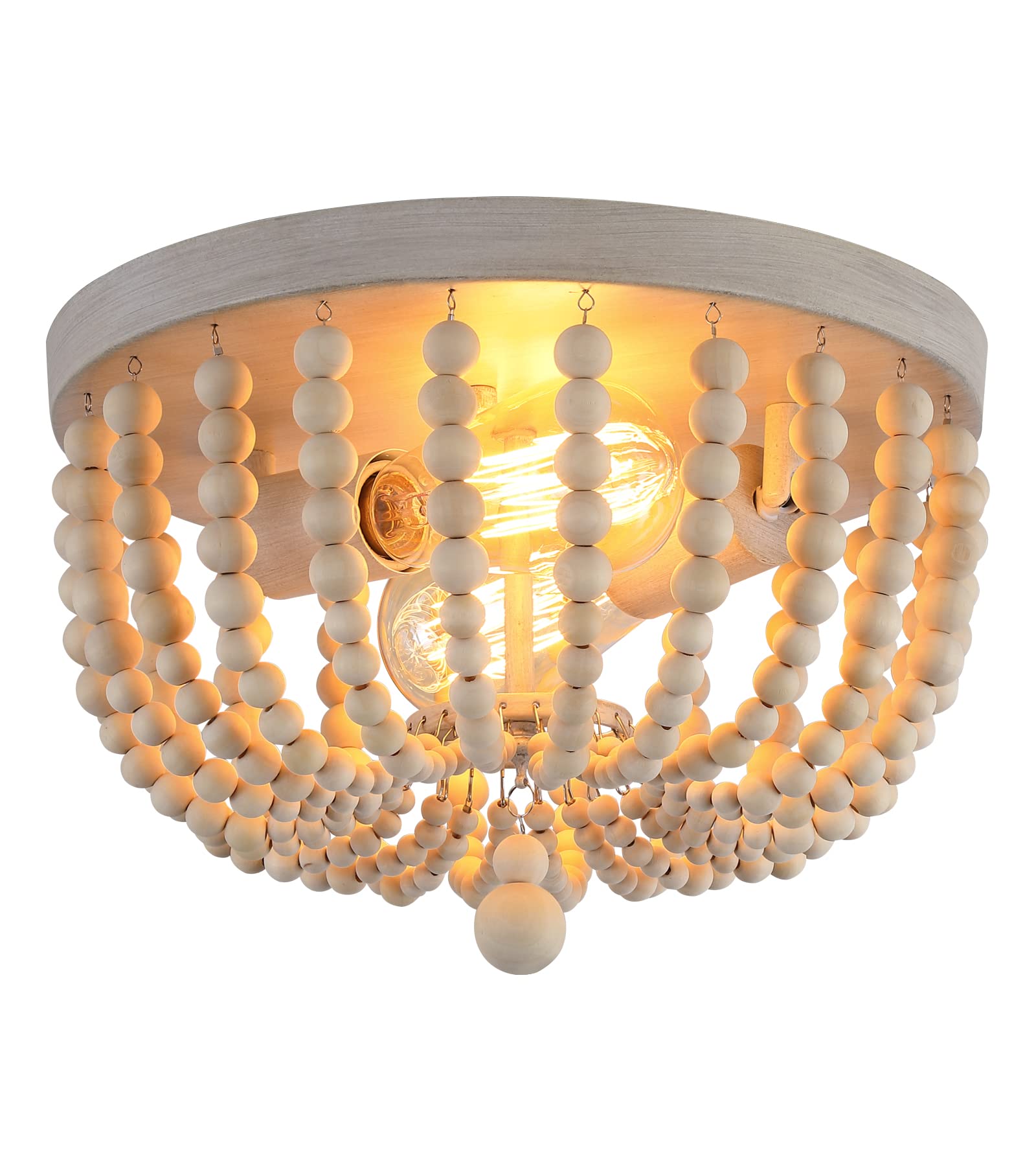 Q&S Boho Chandelier Wood Beaded Flush Mount Ceiling Light Fixtures For Nursery Baby Bedroom Kitchen Hallway,Oak White Finish,2-L