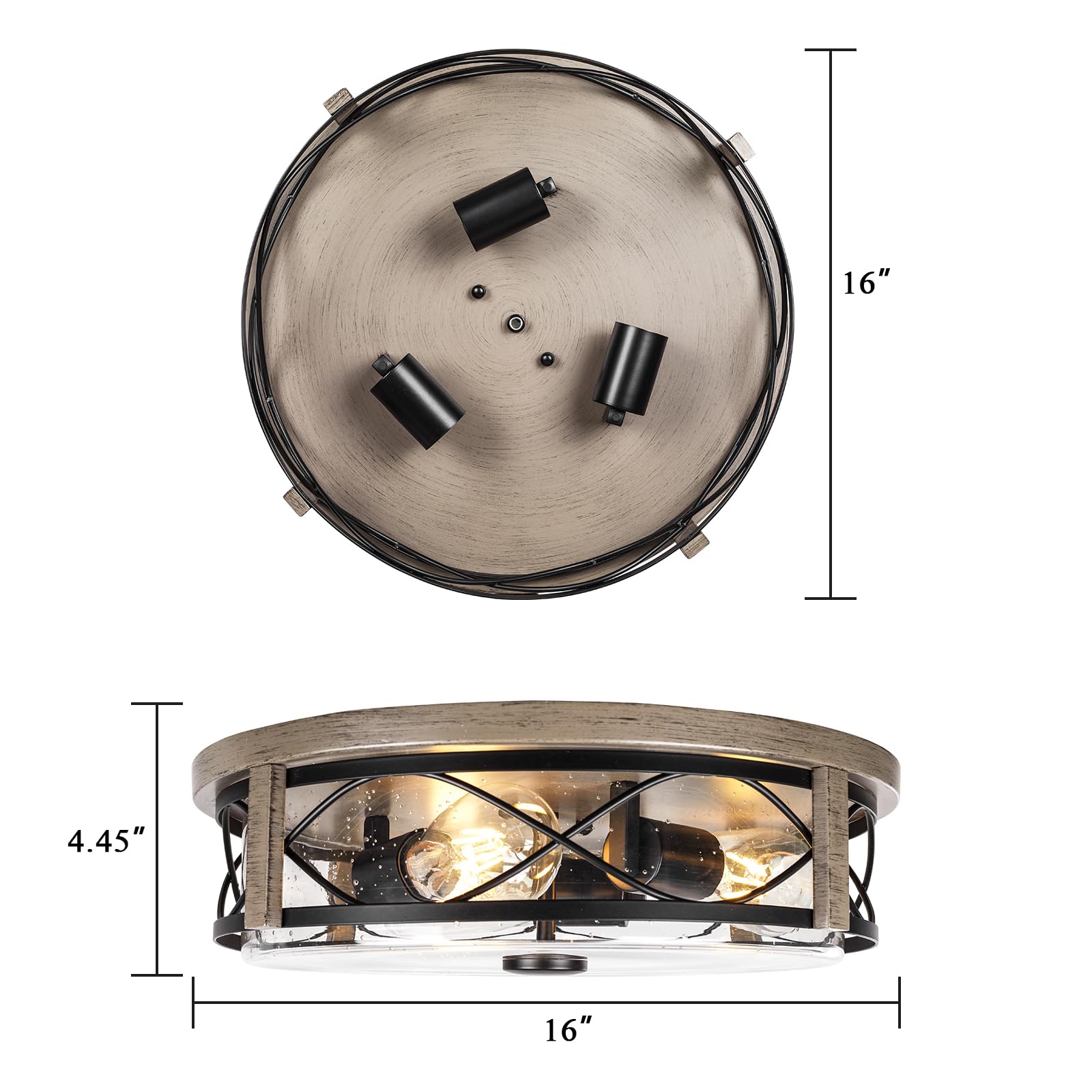 Rosient 16&quot; Farmhouse Flush Mount Ceiling Light, 3-Light Wood Grain, Seeded Glass, Large Indoor/Outdoor