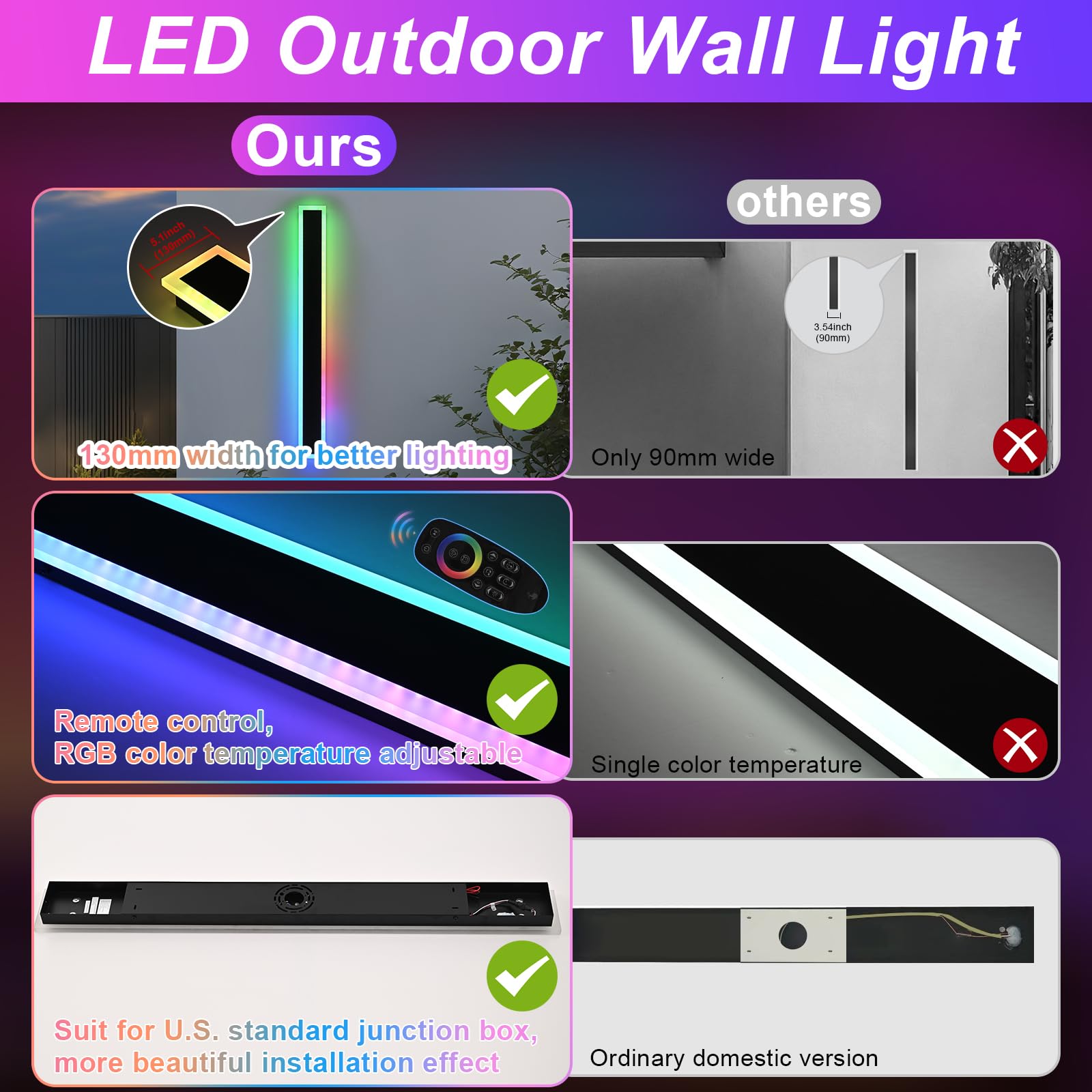 QueeuQ Outdoor LED Wall Lights, 48 inch, RGB-2 Pack, Dimmable Metal Fixture, Model 11-SZ-9970-RGBCW-24W-48in