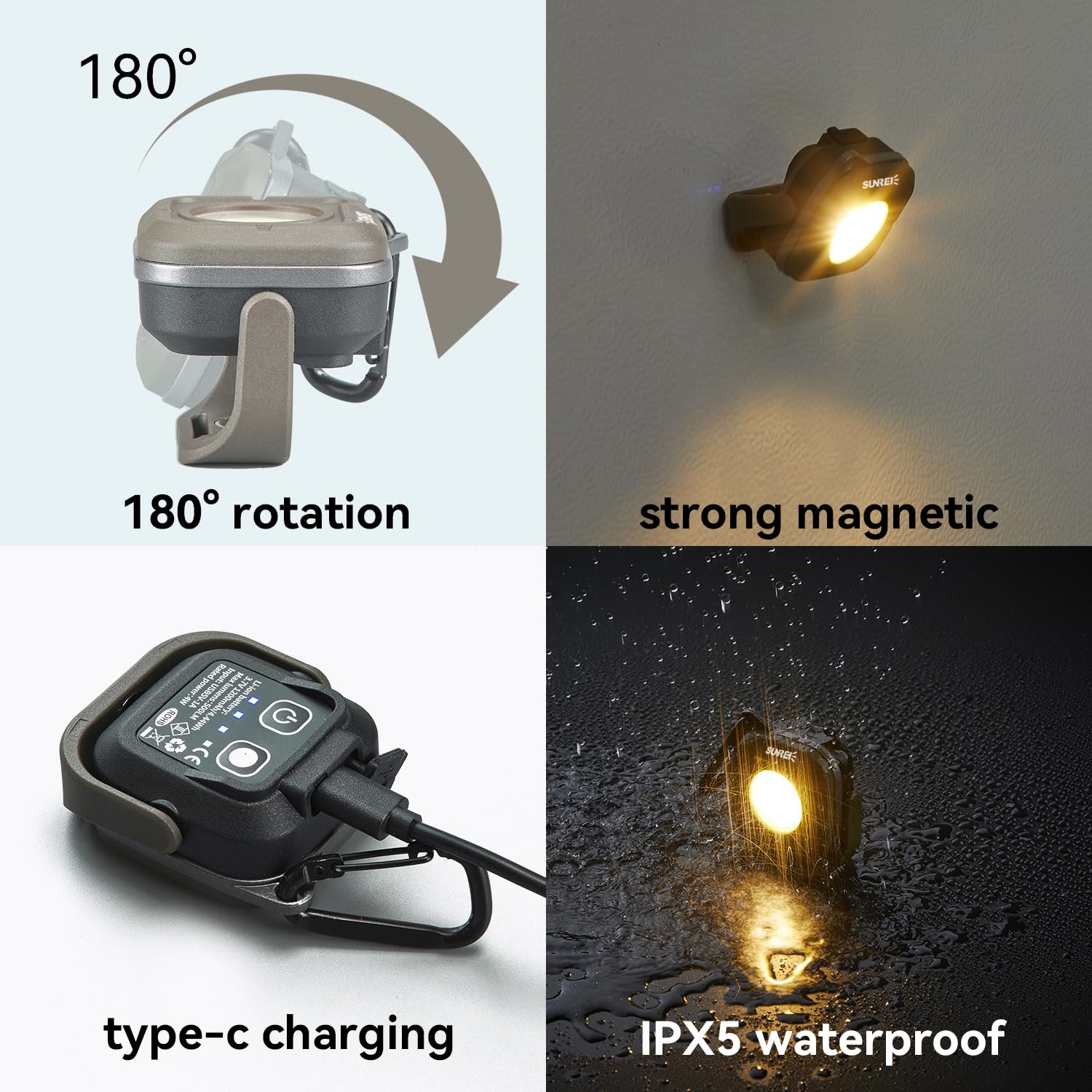 Sunrei Mini Portable Led Rechargeable Magnetic Work Light, 180 Rotating, 500Lm, Bi -Color Temperature, Magnetic&Hook, Ipx5 Water