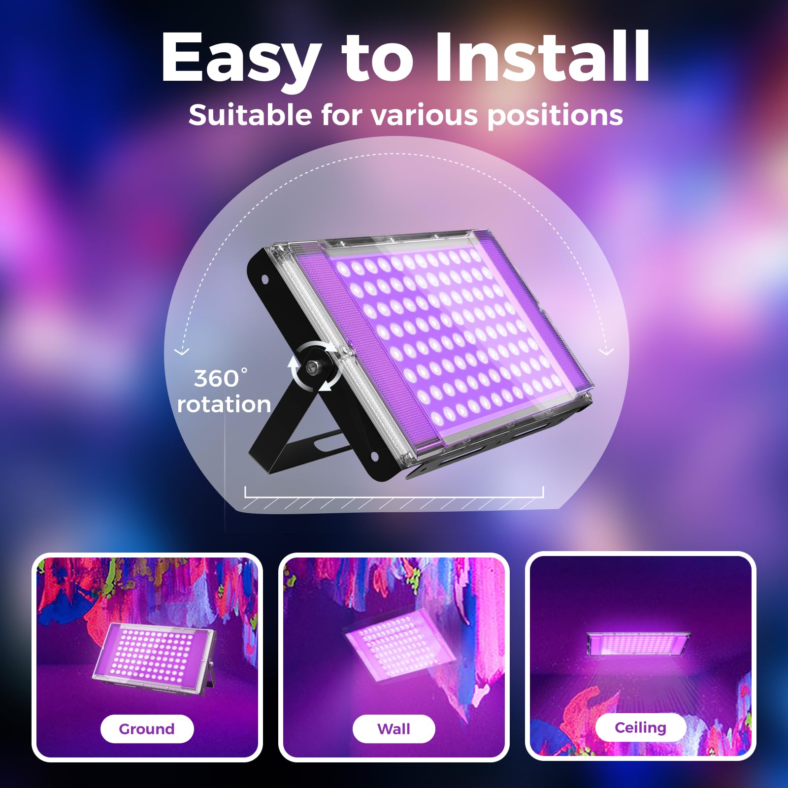 Aurohope 100W Led Black Light  385Nm Uv Flood Light With Plug & Switch  Ip66 Waterproof Blacklights For Large Space  Glow Parties  Neon Decor  Halloween  Stage Lighting  2 Pack