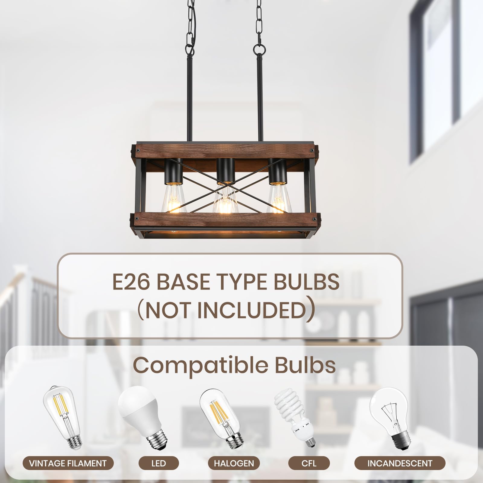 Hoxiya Farmhouse Kitchen Island Light  3 Lights Pendant Lighting Fixture  Rustic Wood Chandelier  Adjustable Height Metal Linear Light For Dining Room Kitchen Bar Pool Table.