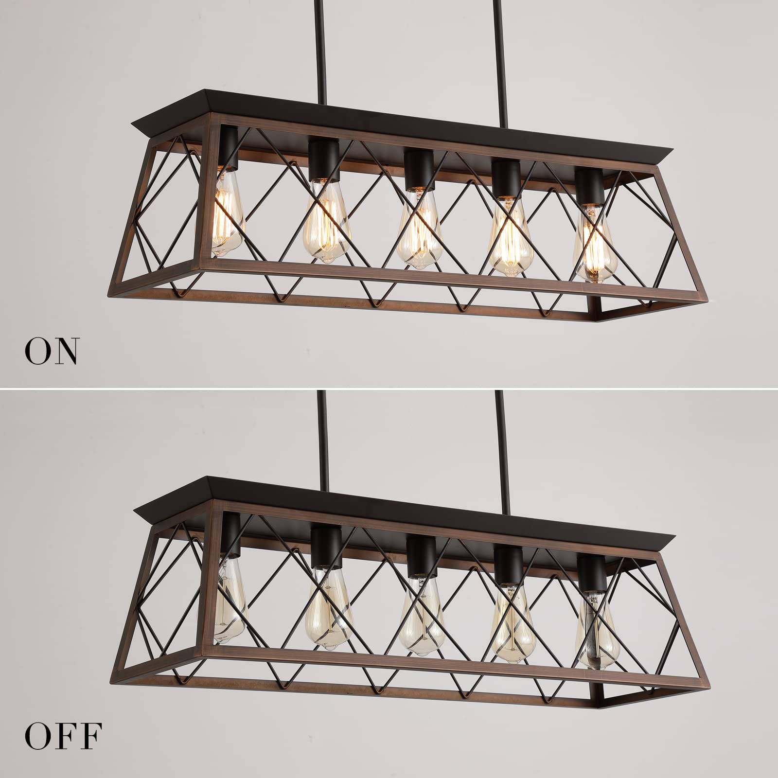 Q&S Farmhouse Rustic Chandelier - 5 Lights Linear Pendant Light Fixture, Bronze, Metal, Model P2006-5BR for Dining Room, Kitchen, Living Room