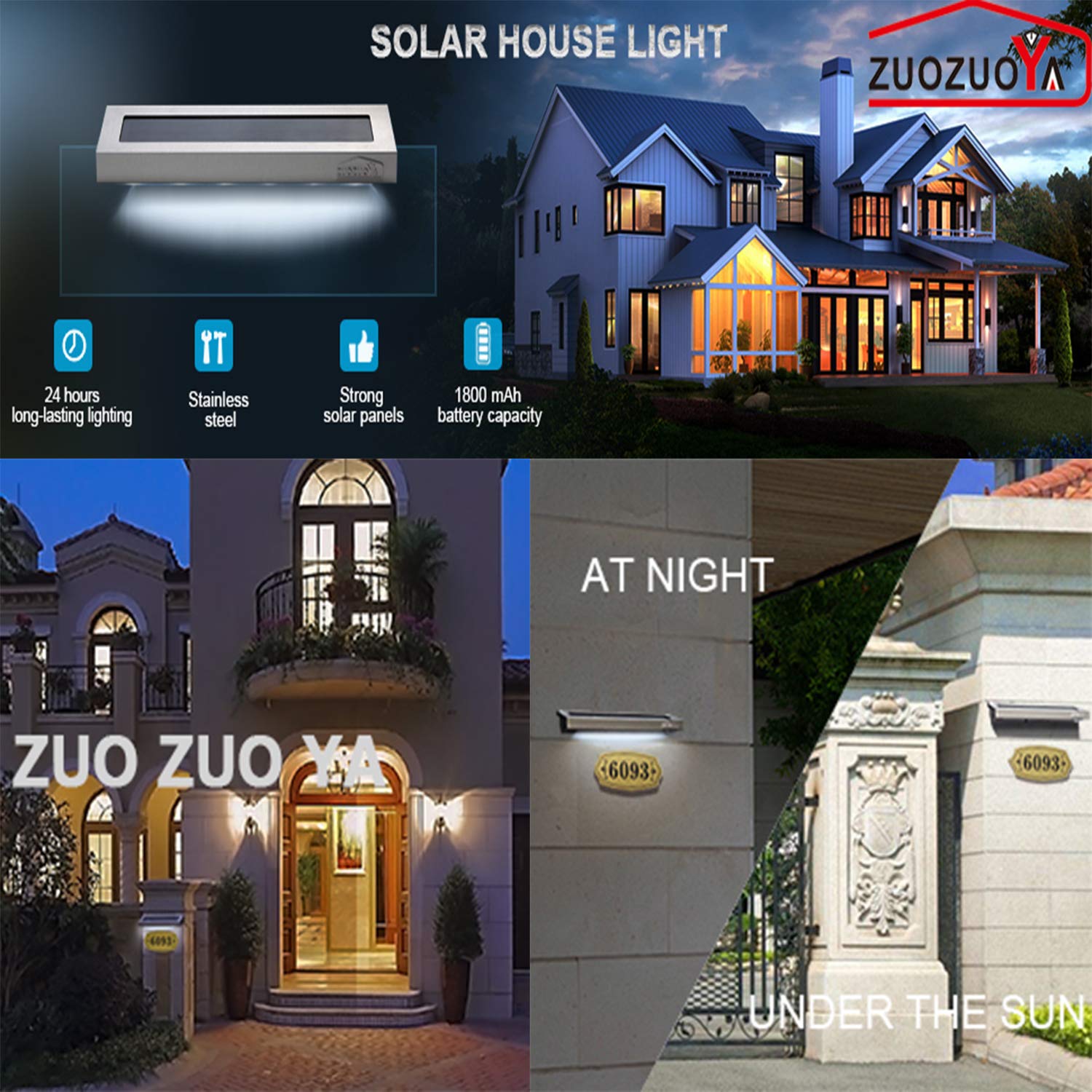 ZUOZUOYA Solar Lights for House Numbers, Aluminum, 9x2.6 inch, Silver, Outdoor Wall Light for Garden, Patio, and Yard