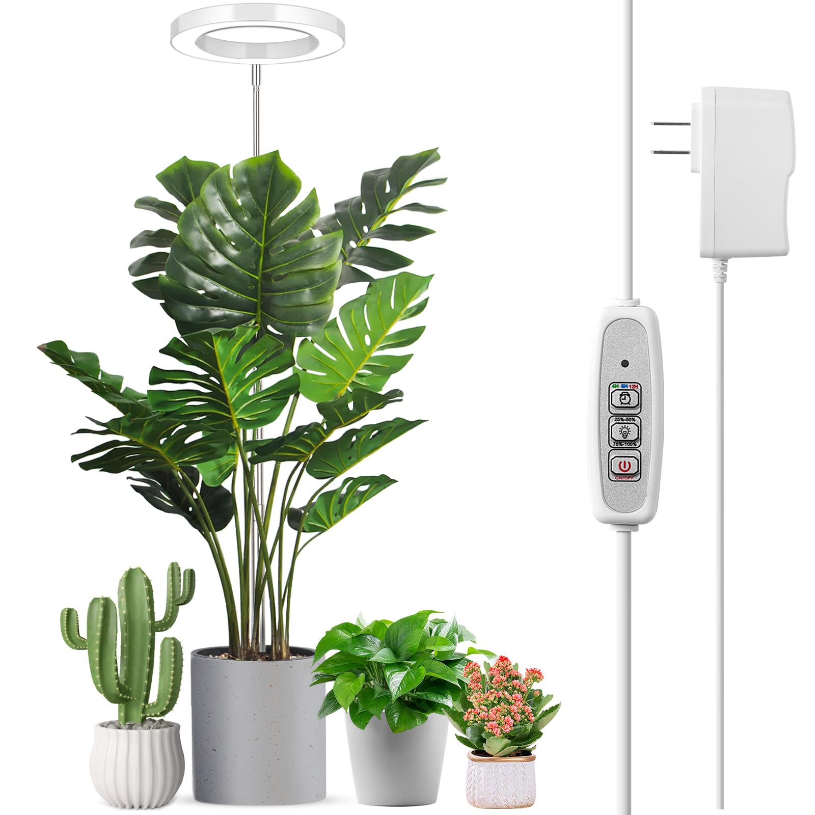 LORDEM Plant Grow Light, Full Spectrum LED Lamp, Height Adjustable, Auto On/Off Timer, 1 Pack, White, Model HL-0026