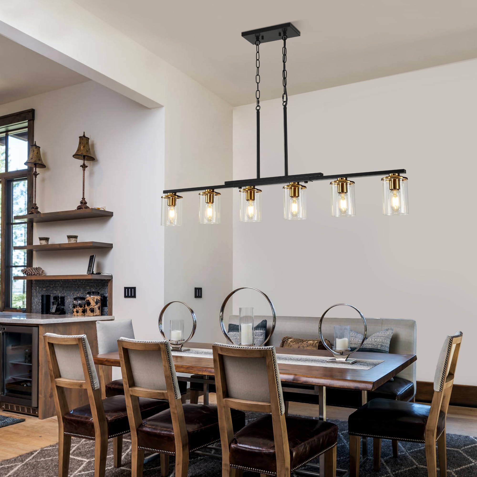 XvmBvm 6-Light Kitchen Island Chandelier, Modern Rustic Black and Gold, Clear Glass Shade, Model X3002-6