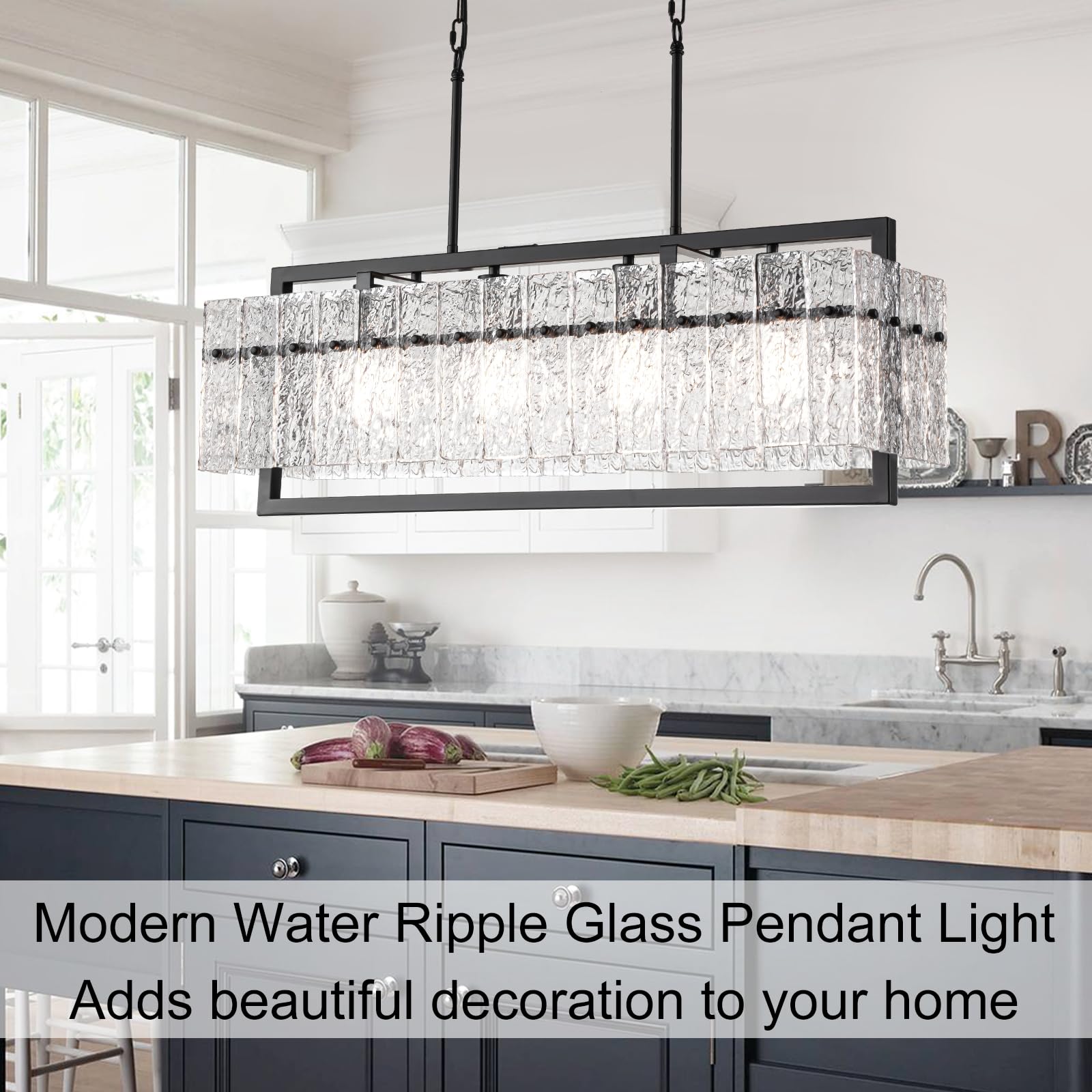 Jsdorsy Modern Large Rectangle Chandeliers For Dining Room, 4 Lights Black Crystal Kitchen Island Lighting With Water Ripple Gla