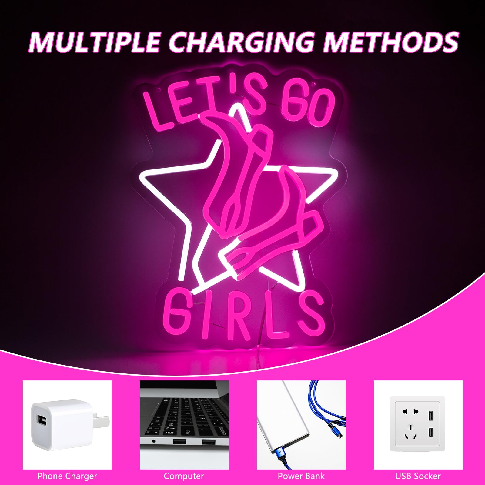 Moodlion Lets Go Girls Cowgirls Neon Sign For Wall Decor Studio Room Led Lights, Pink Preppy Decor Neon Signs Aesthetic Operate