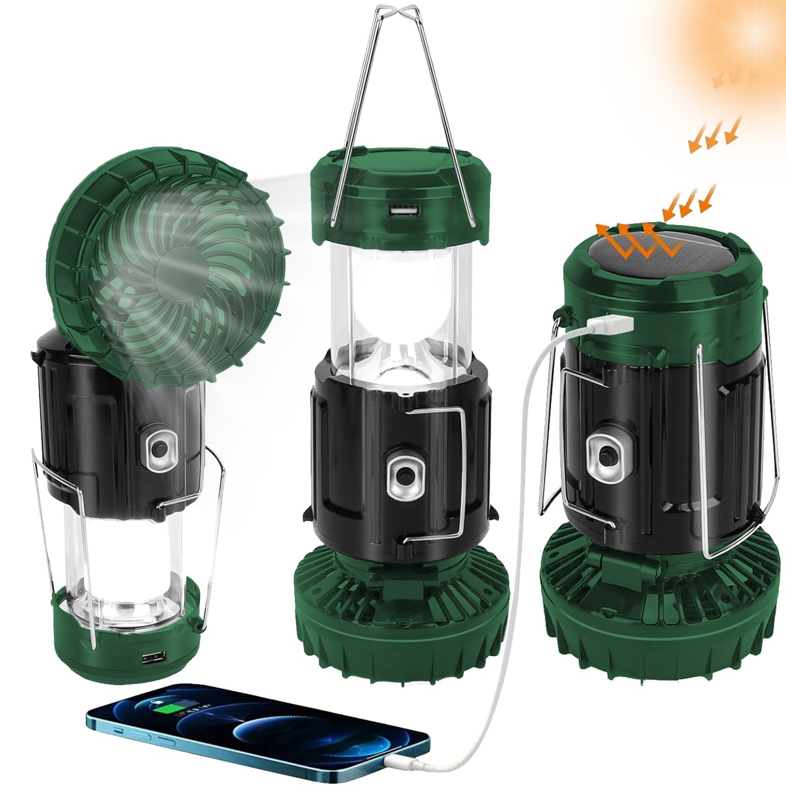 BUGPASS Solar Camping Lantern with Fan, Rechargeable, Lightweight, Green, Model: Lanterns for Power Outages