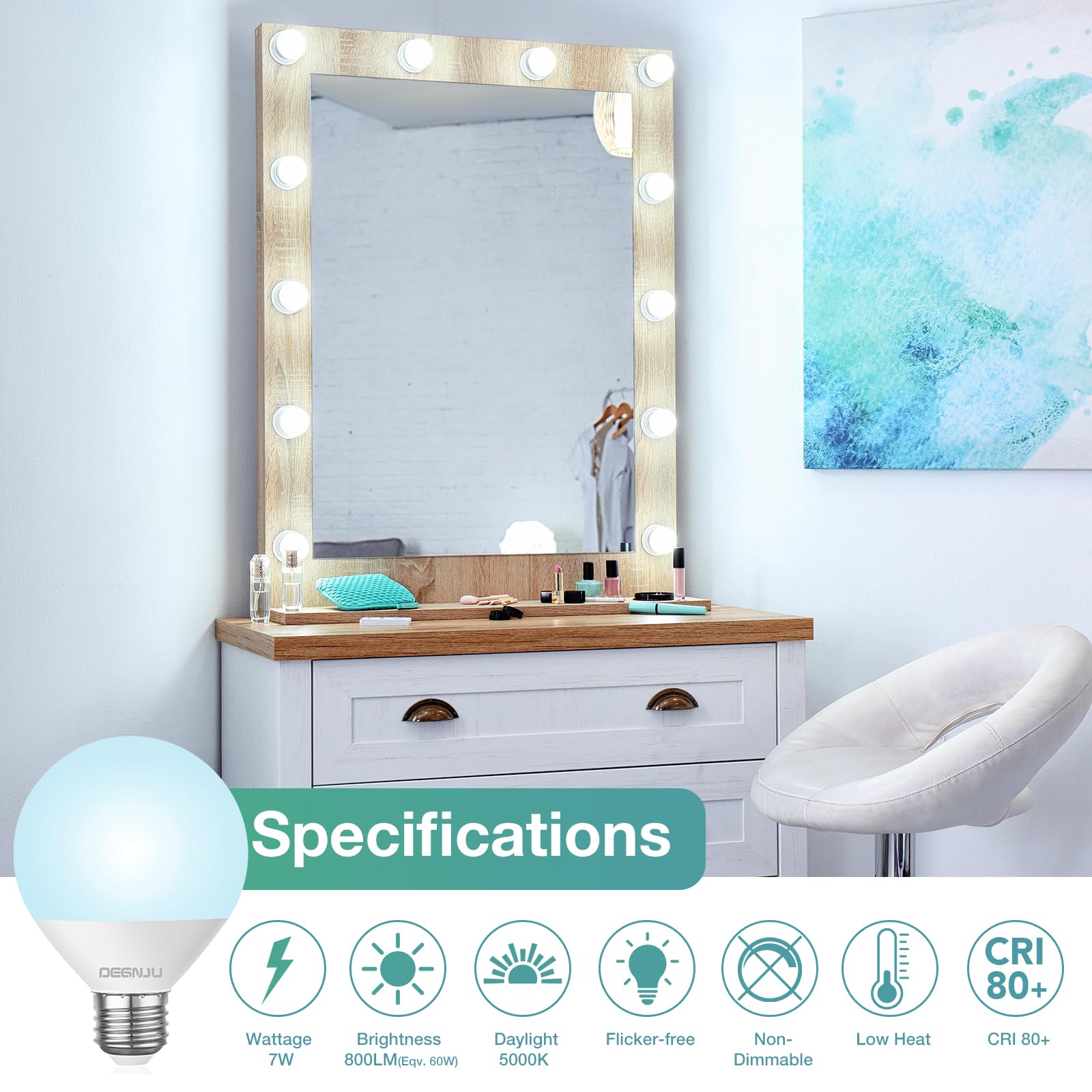 DEGNJU LED Vanity Light Bulbs, 60W Equivalent, 5000K Daylight White, G25 Globe, 7W, 10 Pack