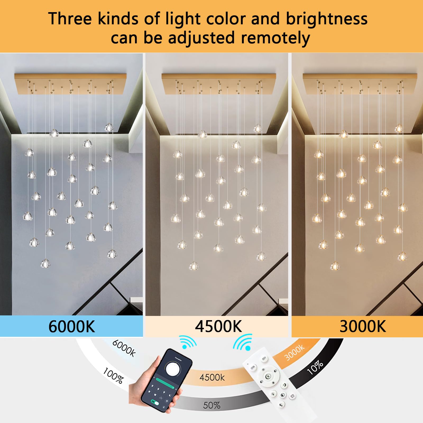 HAIXIANG LED Rectangular Chandeliers, Dimmable 26 Lights, Antique Gold Finish, High Ceiling Pendant Light for Living Room & Dining Room