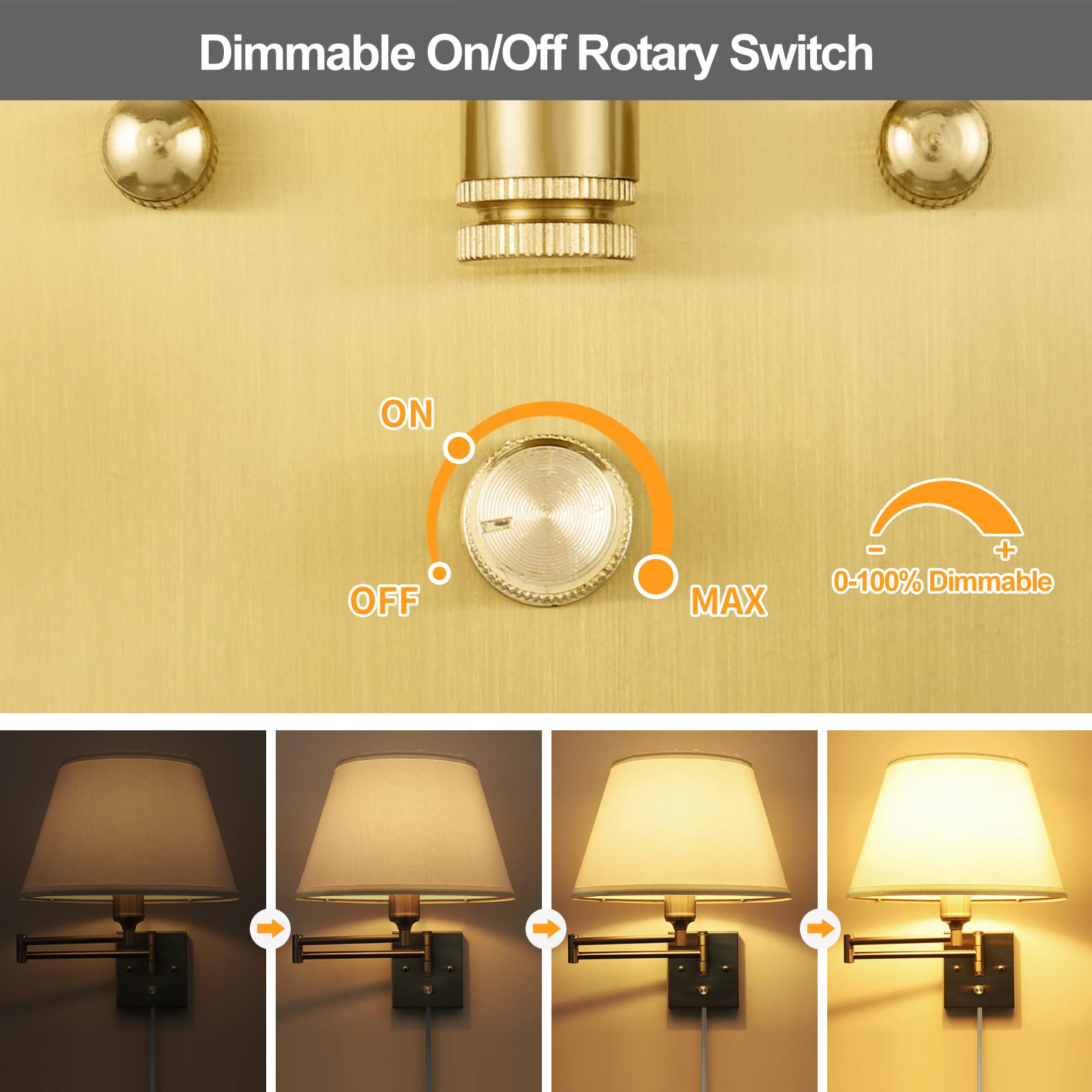 TRLIFE Dimmable Wall Sconce Set of 2, Brushed Brass, Large White Fabric Shade, Metal, Model BYsconce-L-Gol, Plug-in with Dimmer