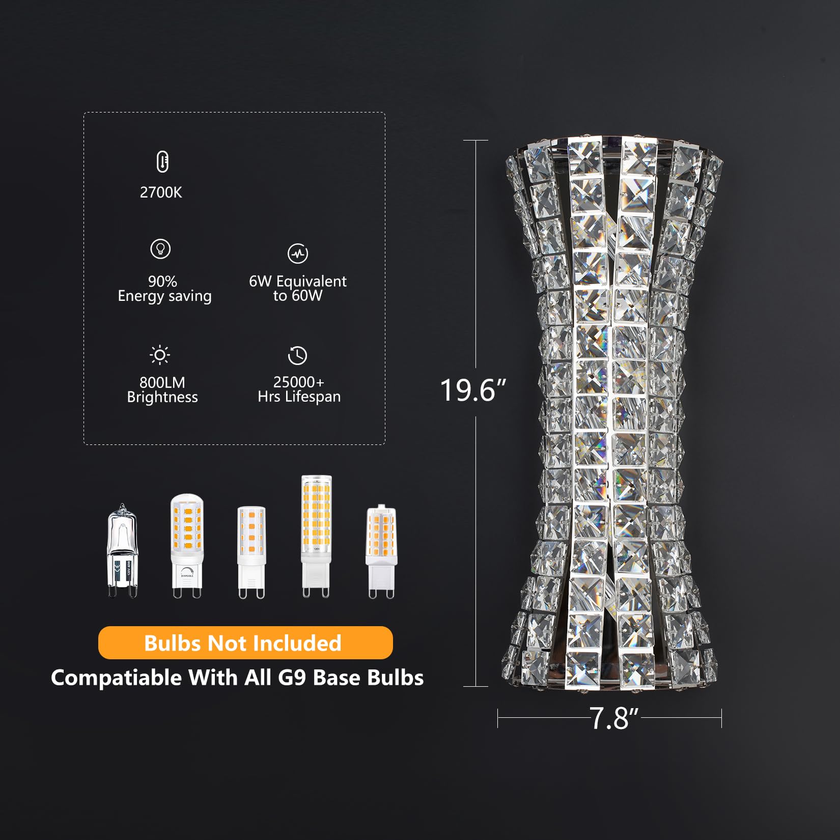 Kaiyuan Crystal Wall Sconces - Modern Chrome Lighting Fixture for Living Room, Bedroom, Bathroom, Hallway, and Stairway