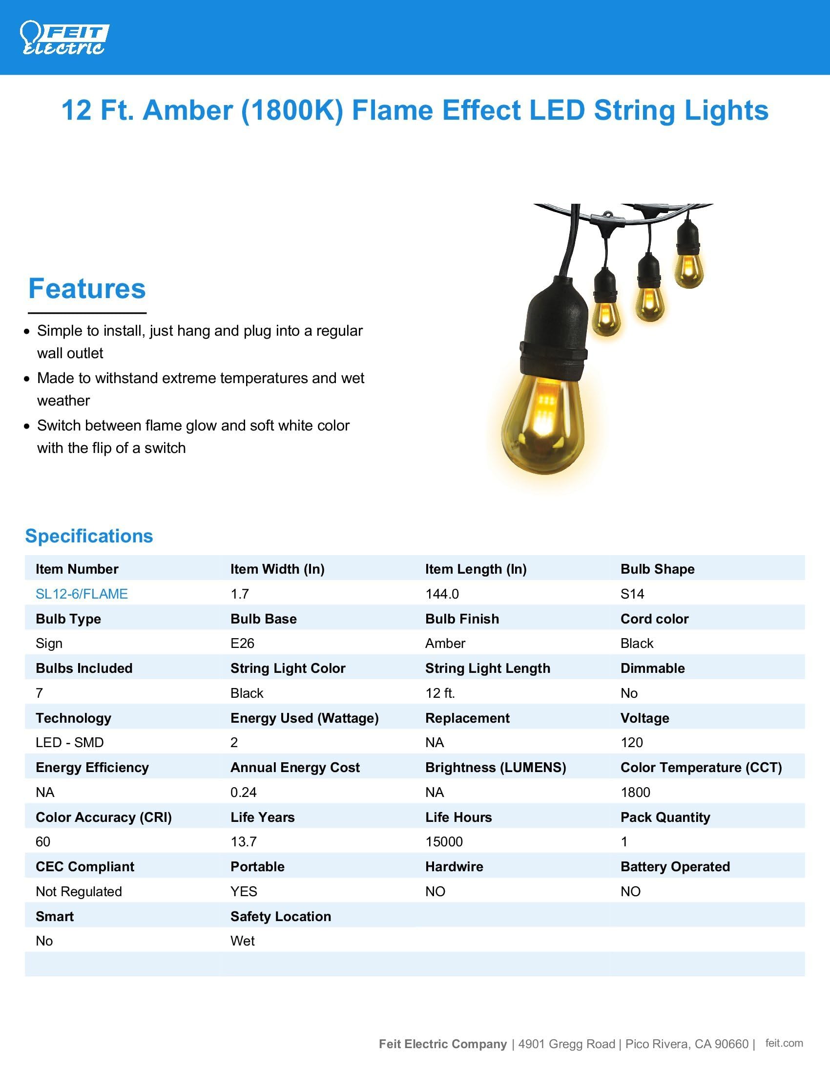 Feit Electric LED String Lights, 12ft Commercial Grade, 6 Sockets, 1800K Soft White, Model SL12-6/FLAME, 15,000-Hour Lifetime