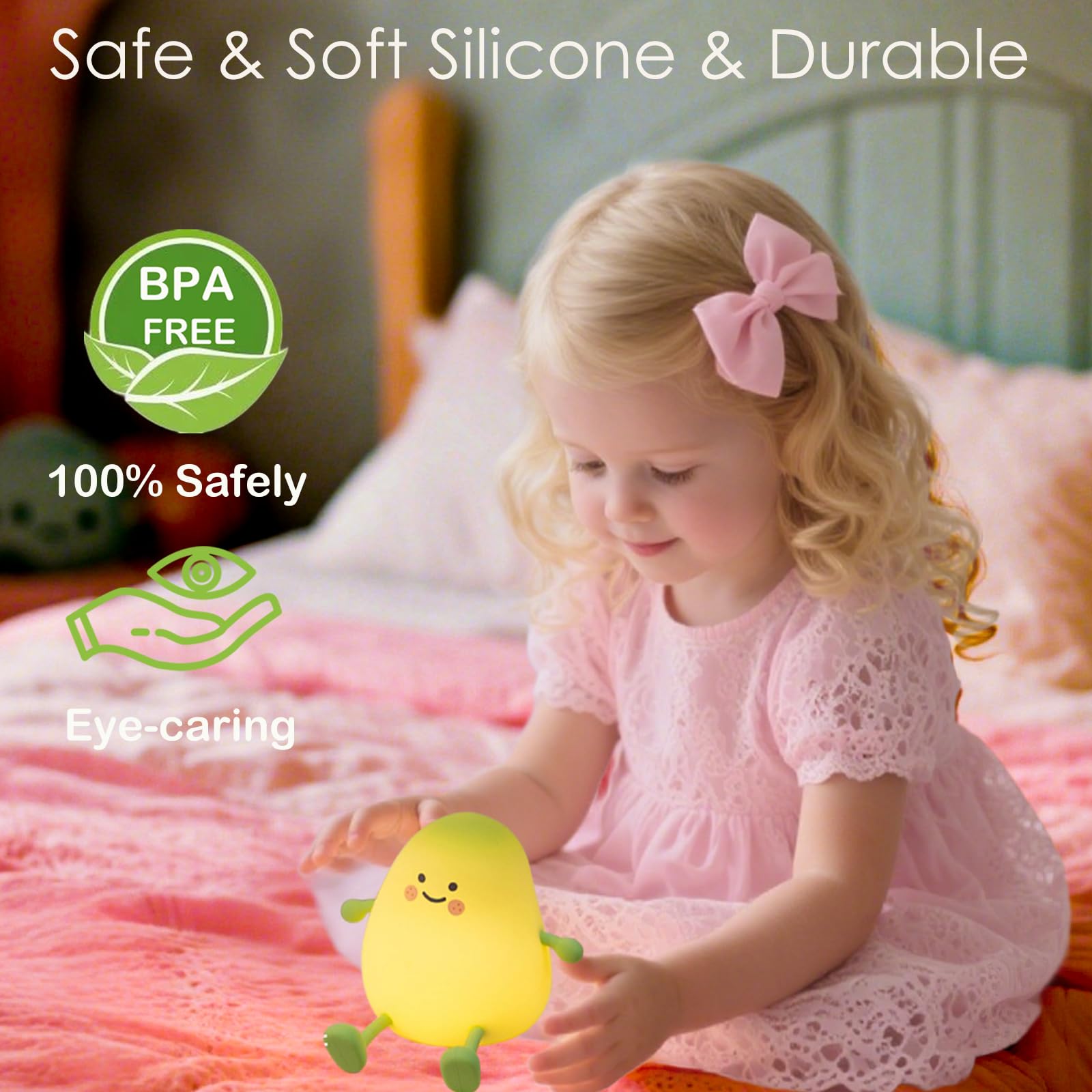 Cute Mango Shape Night Light, 2-Level Dimmable and 2 Timer Settings Touch Lamp, USB Rechargeable Silicone Nightlight with Phone
