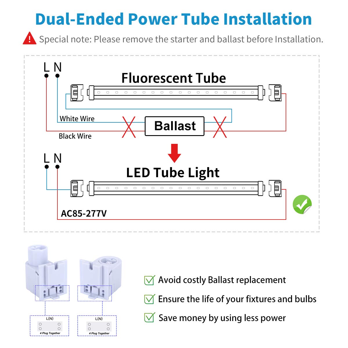 Ligheart Led Bulbs 8 Foot, 2 Pin, 45W 6000K, T8 Led Tube Lights, R17D Ho Rotatable 8' Shop Lights, Frosted Cover, Dual-Ended Pow