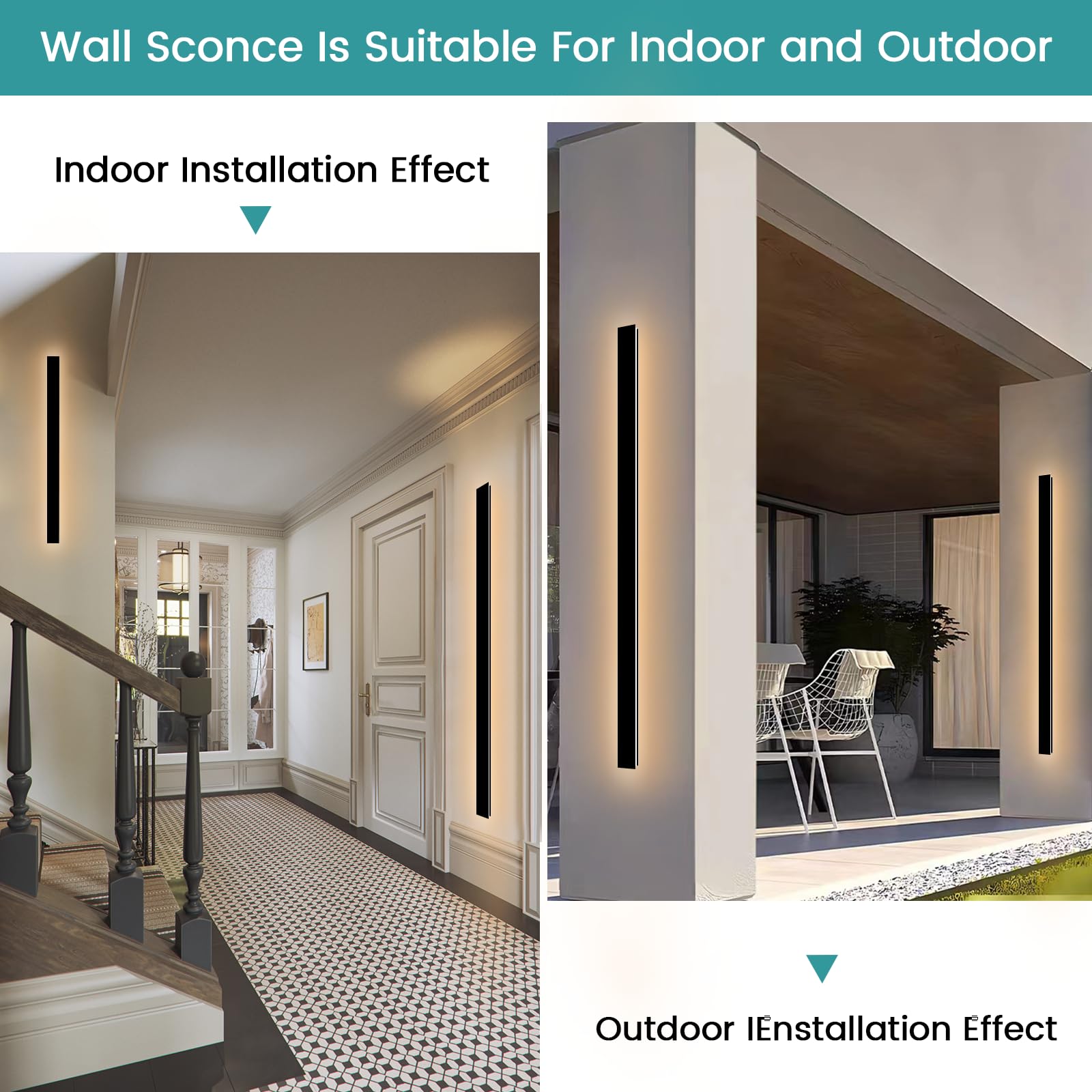 2 Pack 24Inch Outdoor Wall Light For House, Modern Black Led Wall Sconce, Linear Porch & Patio Wall Lights, Exterior Wall Sconce