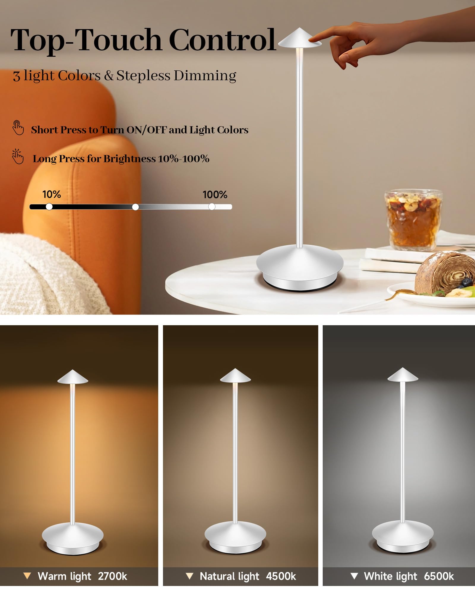 XMINKDZA Portable LED Table Lamp 2 Pack, Rechargeable 6000mAh, IP54 Waterproof, Dimmable, White, Aluminum Metal, Model XDJDSJBBM