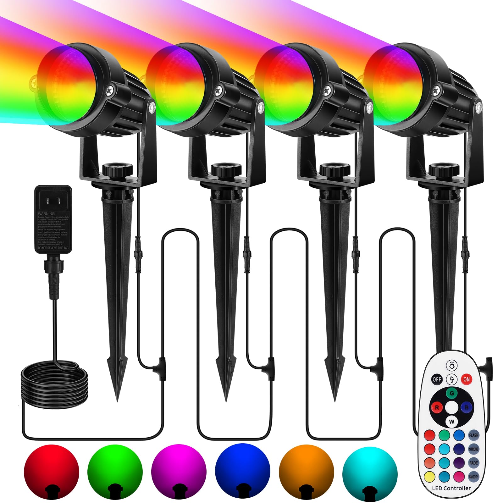 OurLeeme LED Landscape Lighting - 4-in-1 RGBW Spotlights, 36W Transformer, Remote Control, 4 Pack, Acrylonitrile Butadiene Styrene