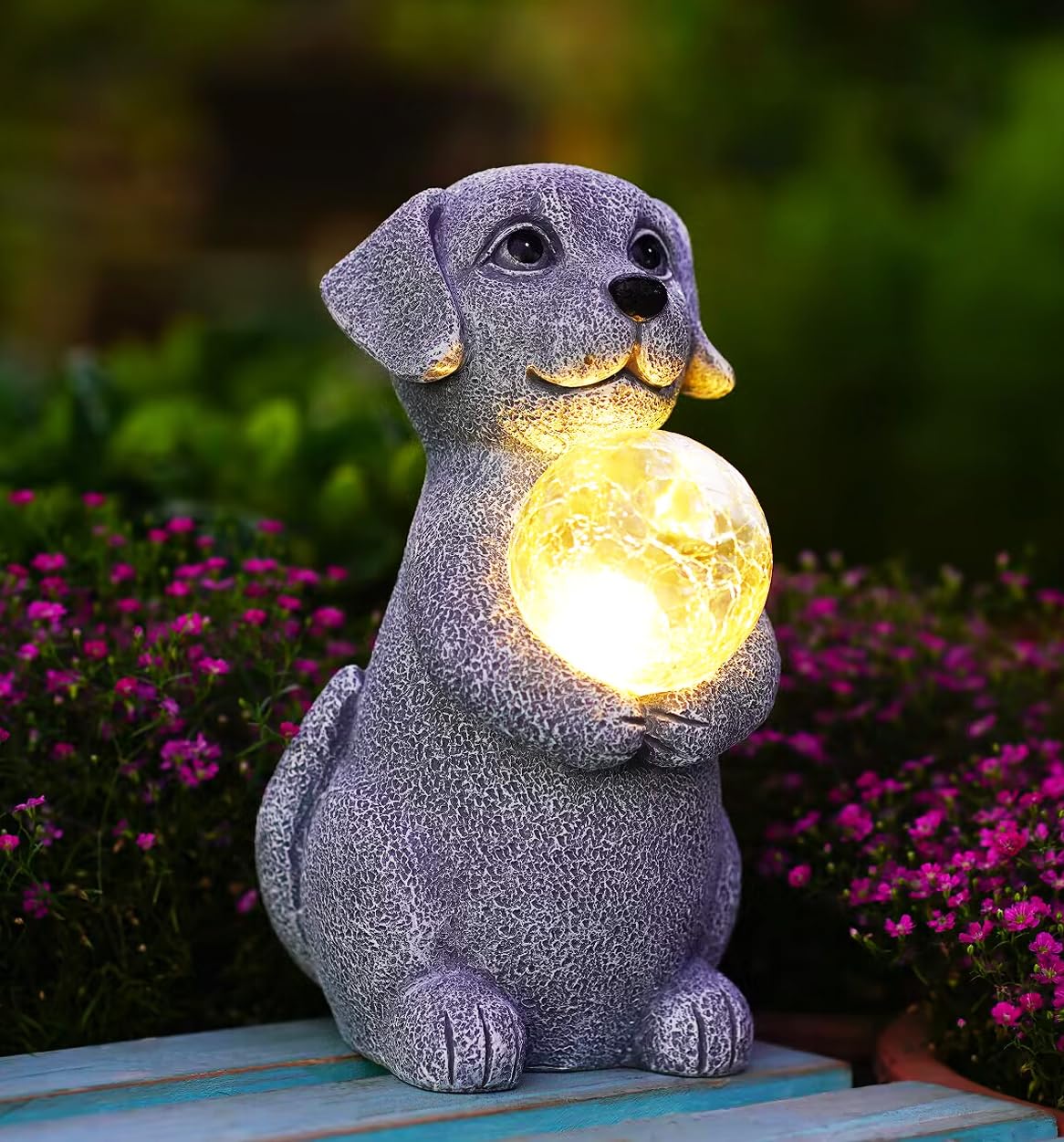 Tiejiajiang Solar Dog Statue - 8.4&quot; Gray Decor With Led Gazing Ball For Garden & Lawn