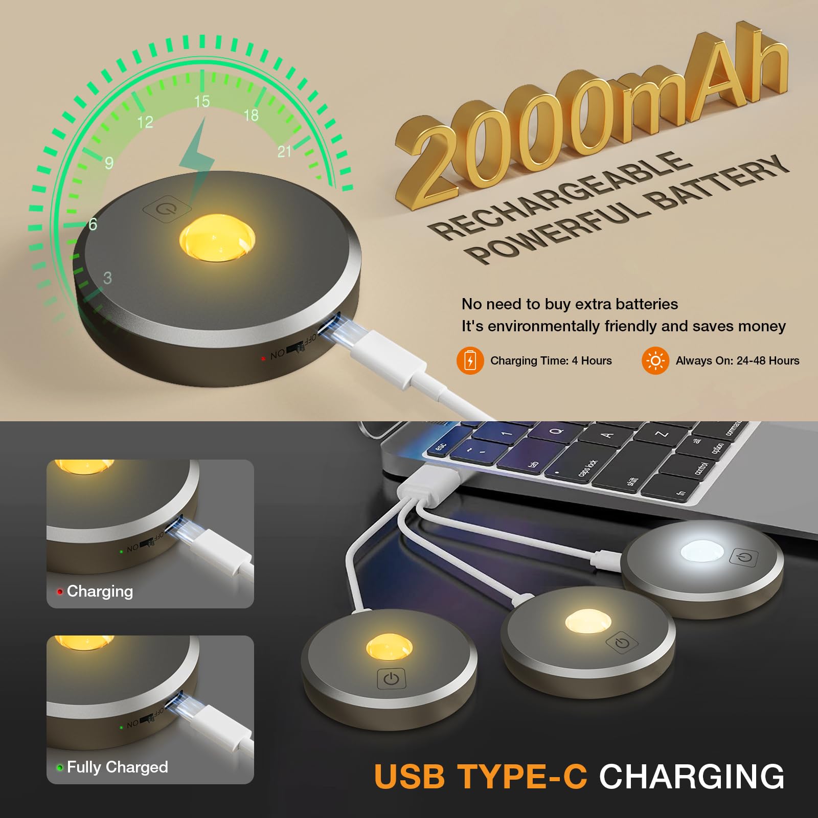 Mekkleon Puck Lights With Remote Control Rechargeable,Wireless Under Cabinet Lighting,2000Mah Battery Operated Tap Push Touch Lights,Stick On Lights For Counter,Shelf,Bookcase (Dark Grey, 5 Pcs)
