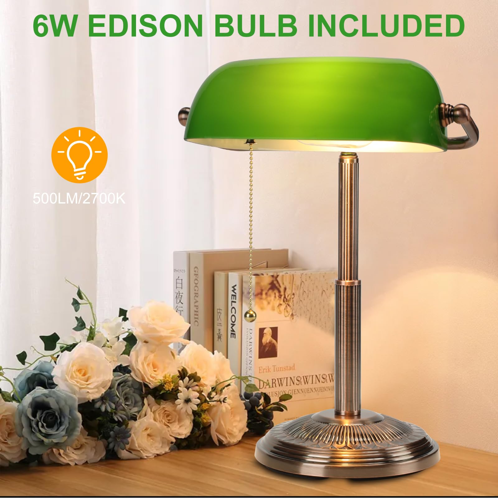 LINNMON Vintage Bankers Desk Lamp, Copper+Green, Iron, Model LT248800, Retro Style with Pull Chain Switch for Home Office