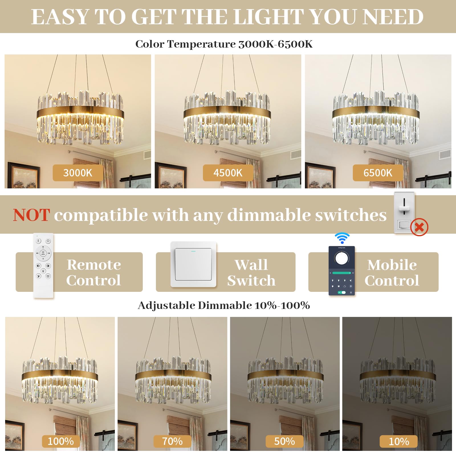ALIYIQI 19.7'' Dimmable LED Crystal Chandelier Light Fixture, Gold, Remote Control, 3 Color Options for Dining Room, Living Room, Kitchen