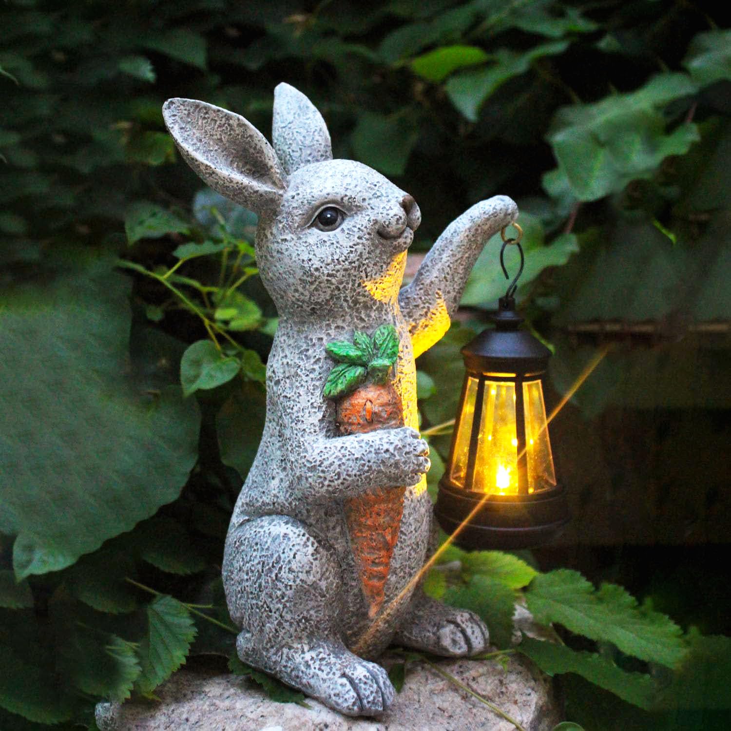 Garden Statues Rabbit Solar Lantern Outdoor Handmade Resin Statue Bunny With Cute Carrot For Patio  Yard MotherS Day Gift Ideas (Rabbit1)