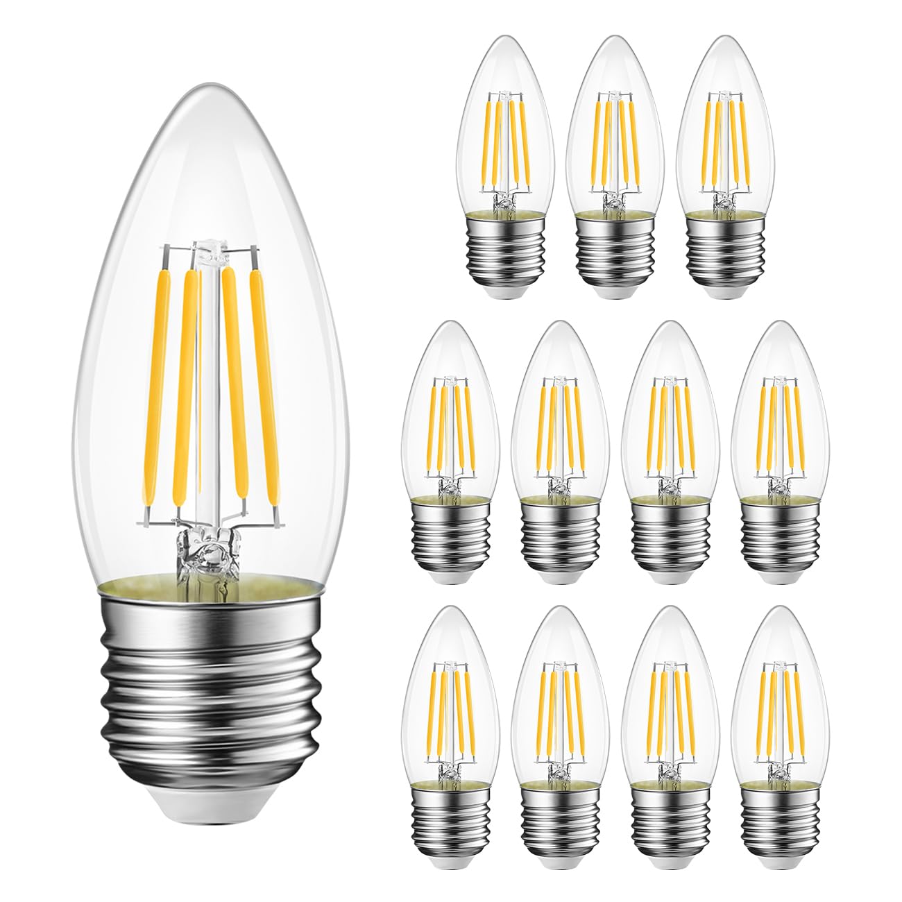Lvwit B11 Led Filament Bulb E26 Candelabra Medium Base 2700K Warm White, Pack Of 12, 4W(60W Equivalent) 500 Lumens Non-Dimmable 