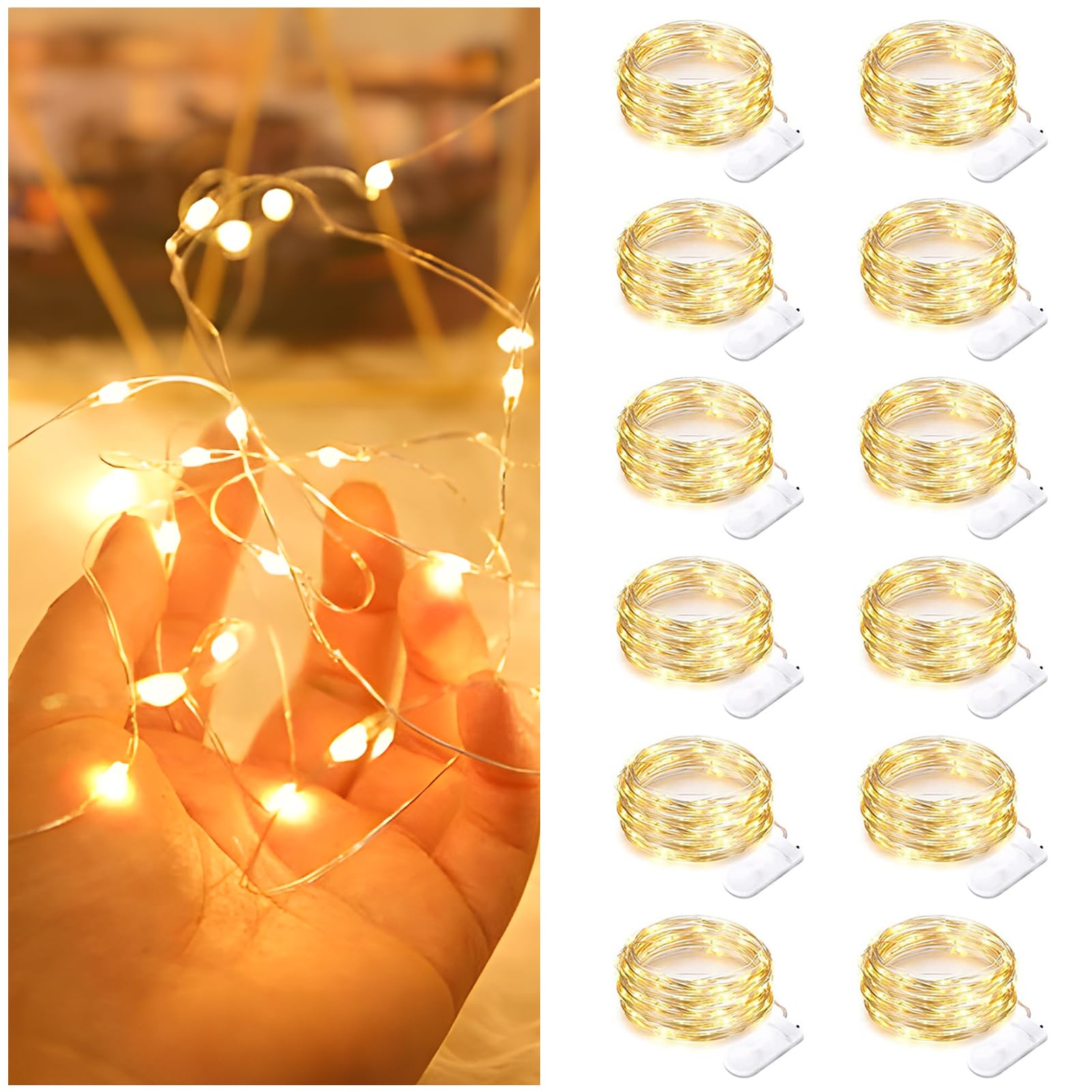 Bexdir 12 Pack Fairy Lights Battery Operated 7FT 20LED Warm White Waterproof Silver Wire for Outdoor Indoor Decor