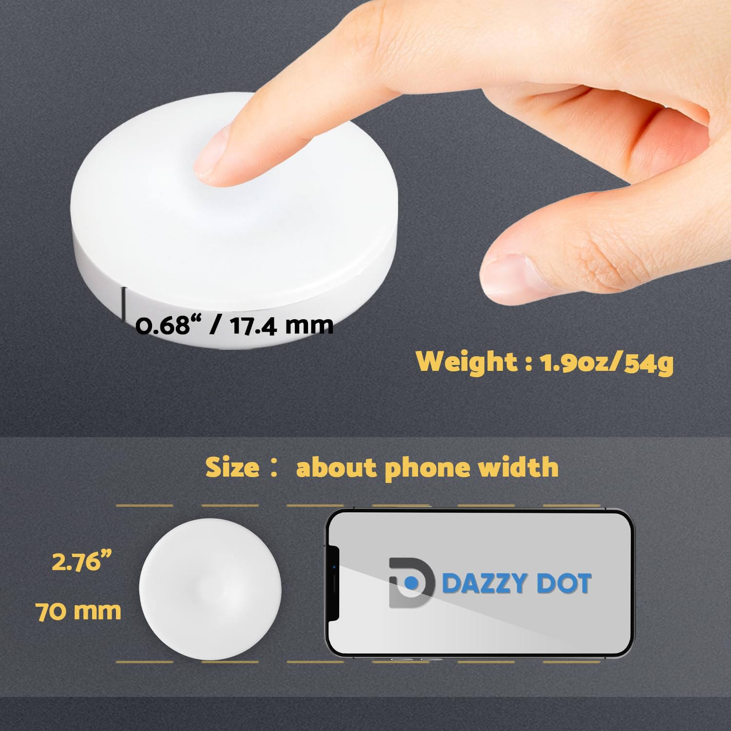 DAZZY DOT Rechargeable Puck Lights 2 Pack, Warm Yellow, Dimmable, 1000mAh Battery, Small, Magnetic Touch Light for Closet & Cabinet