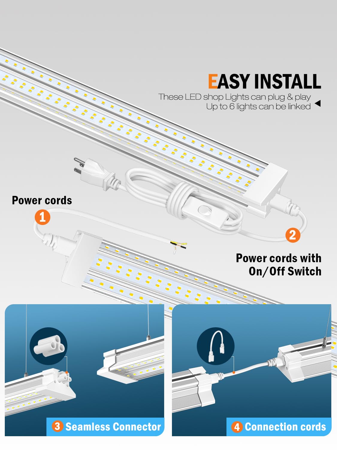 Elekico Super Bright 60W Hanging/Surface Mount 10000Lm 5000K Linkable 4Ft Led Shop Light With Plug,Ac100-277V 4' Led Shop Light