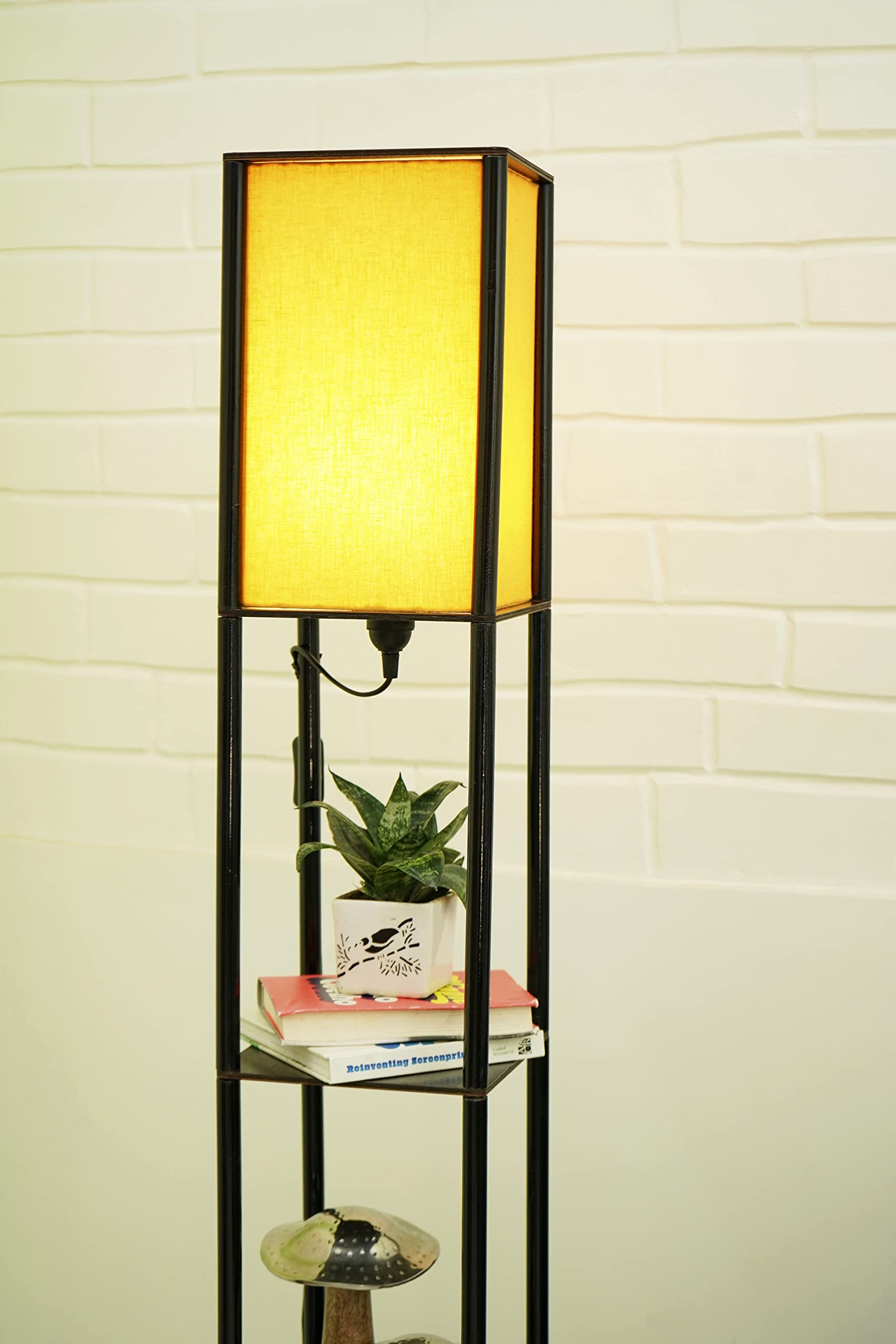 Crosscut Furniture Wood Tower Floor LED Lamp With Shelf (Fresh Yellow)