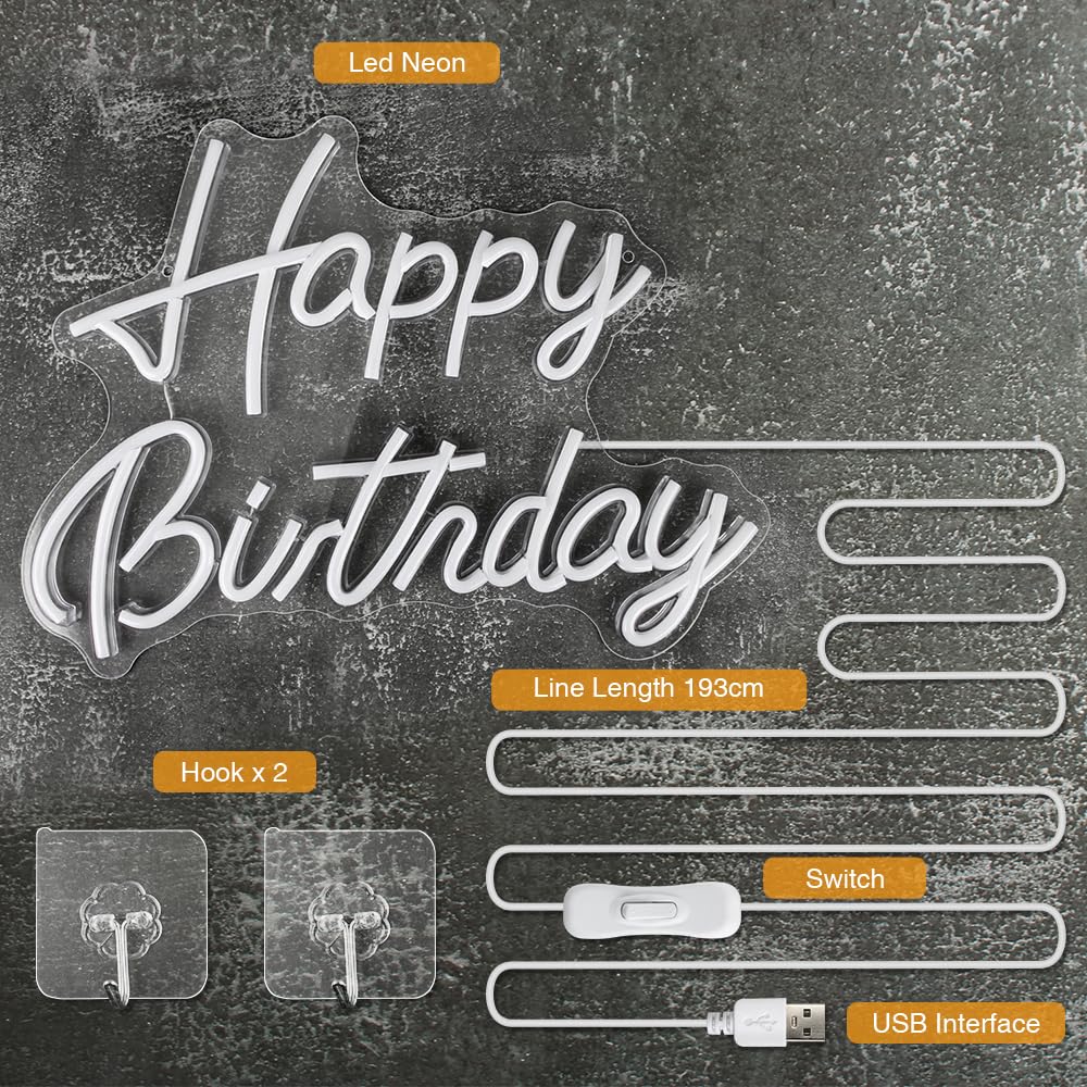 Arrinew Happy Birthday Neon Sign, USB Powered Warm White, 16.5inx 12.5in, Model NHD08