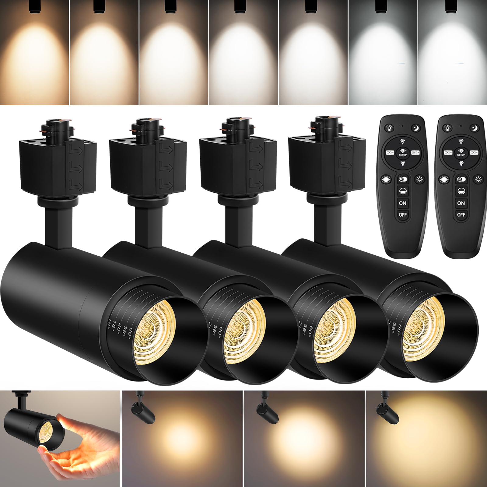 CoziTech 25W LED Track Lighting Heads, 10-Color, Dimmable, Remote Control, 2200lm, Black, H Type, 4 Pack, Model CT-TLH