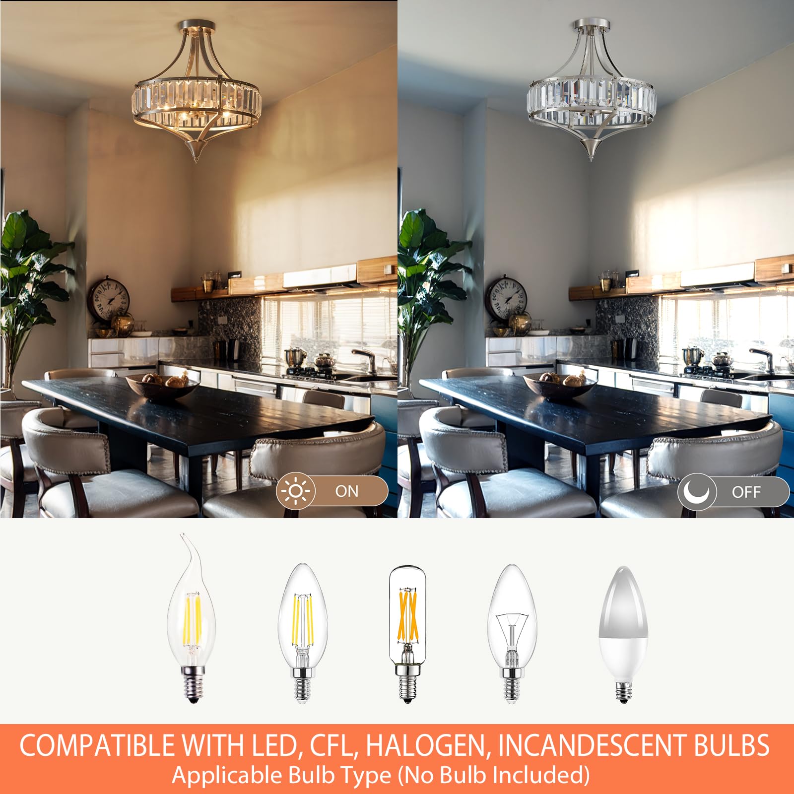 Majhoiw Brushed Nickel 4-Light Crystal Semi Flush Mount Ceiling Light Fixture Rustic Farmhouse Ceiling Lighting With Round Metal